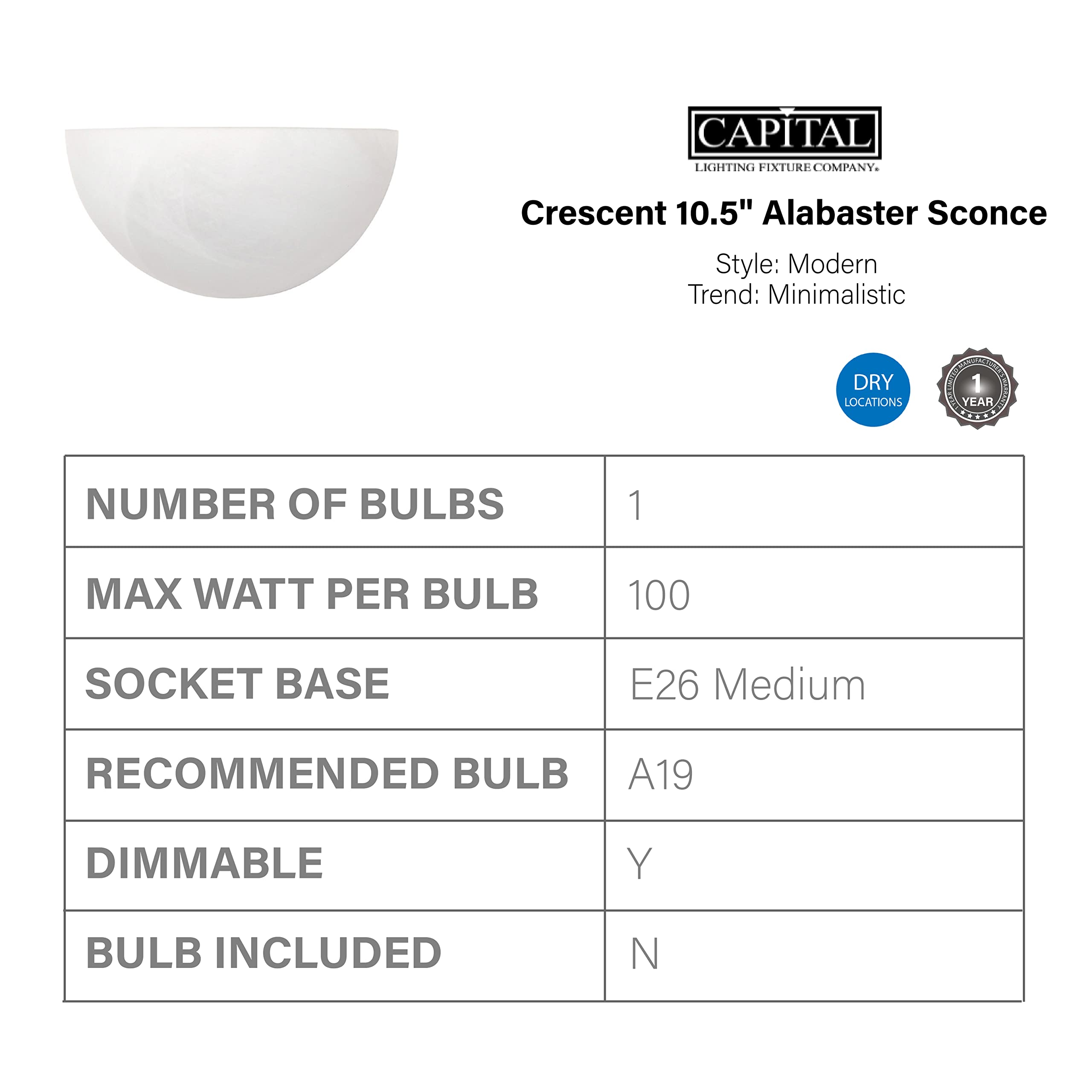 Capital Lighting 1681MW Modern Minimalistic Wall Sconce, 1-Light 100W, 5inH x 11inW, Faux White Alabaster Glass, Matte White