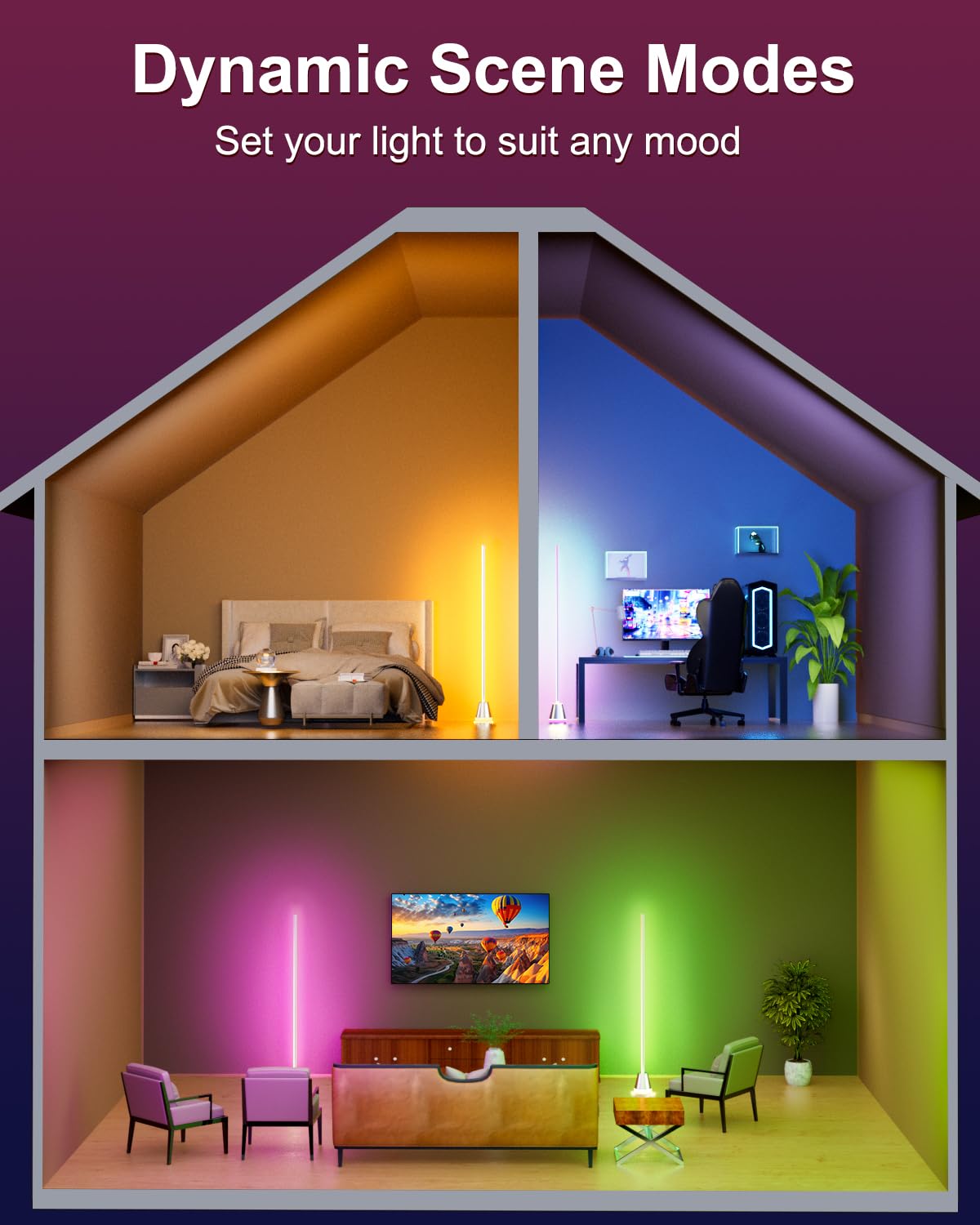 Keepsmile Smart RGB LED Floor Lamp, 59" Silver Aluminum, Music Sync, APP & Remote Control, Model HX-818