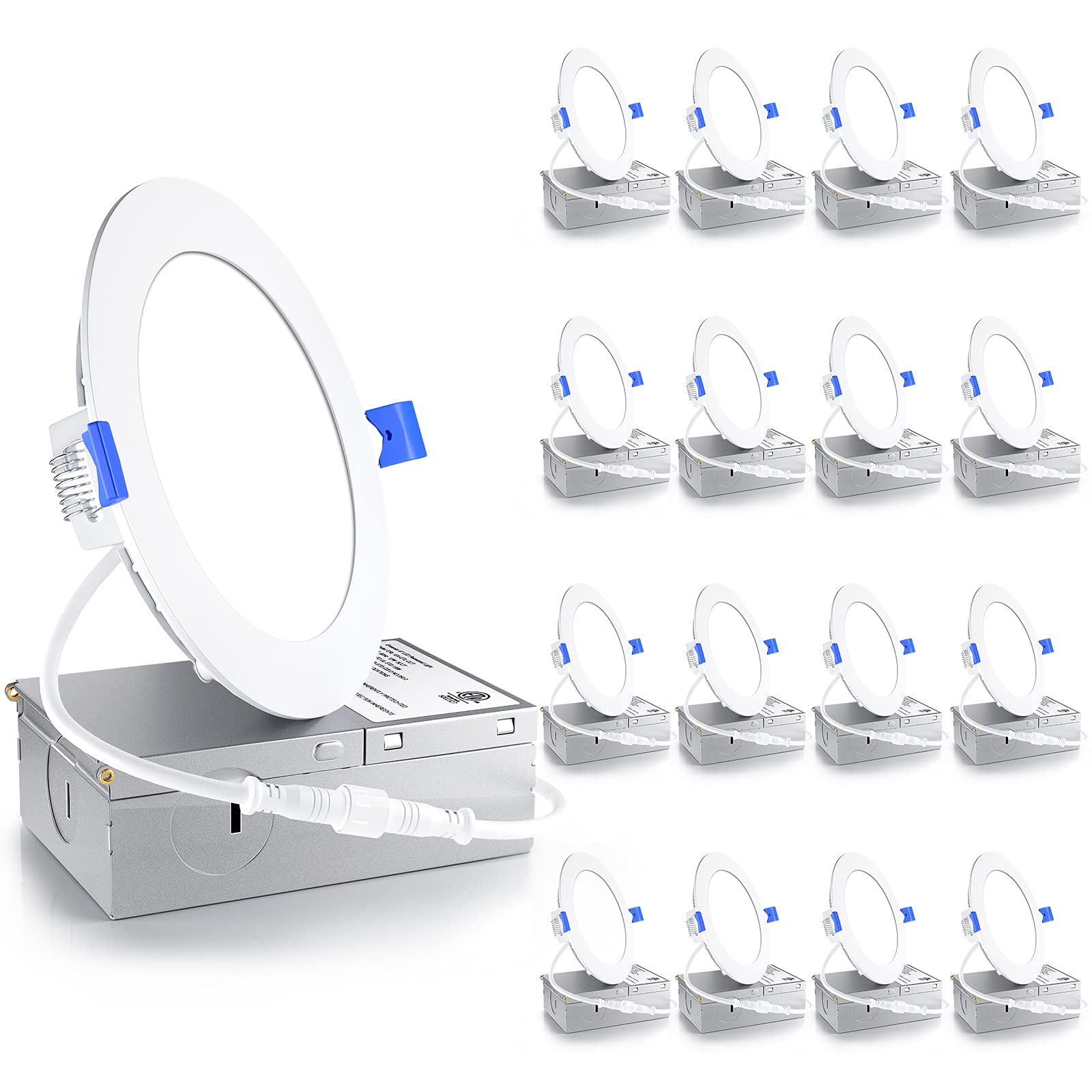 Ensenior 16 Pack 4 Inch Ultra-Thin Led Recessed Ceiling Light With Junction Box, 5000K Daylight, 9W 75W Eqv, Dimmable Downlight, 750Lm High Brightness - Etl And Energy Star Certified