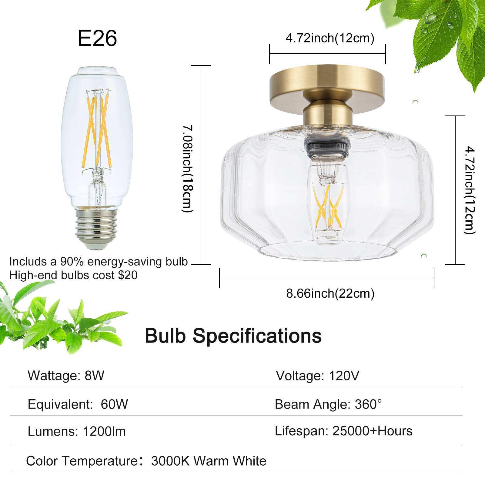 Tbaoinla Semi Flush Mount Ceiling Light Fixture With Textured Glass Brass Metal Base Includes 1200 Lumens Led Bulbs Gold Hallway Light Fixtures Modern Ceiling Light Suitable For Entryway Bathroom