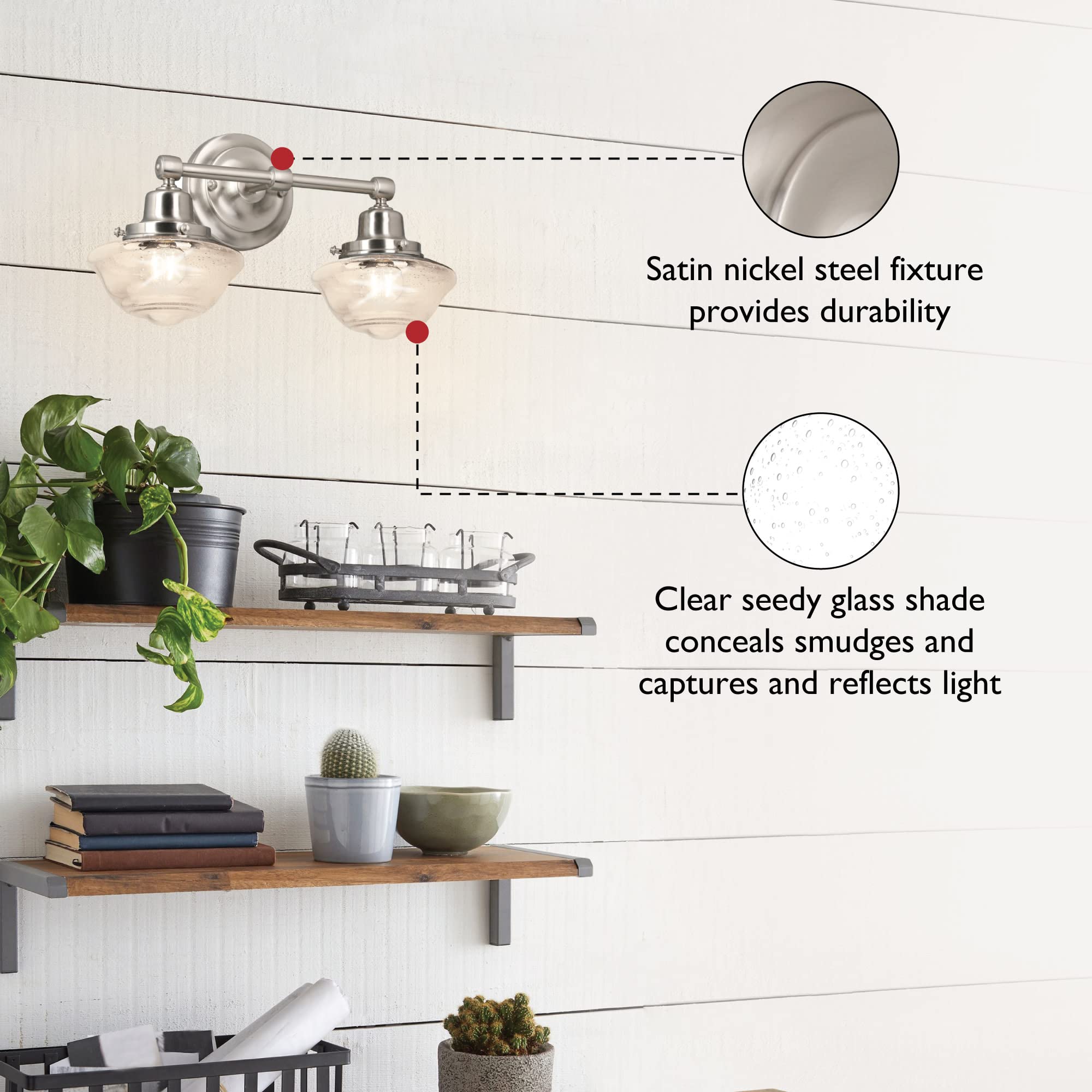 Design House Vintage-Inspired 2-Light Vanity Light, Satin Nickel, Clear Seeded Glass Shades, 16.875in x 7.625in x 9.5in, Model 589135