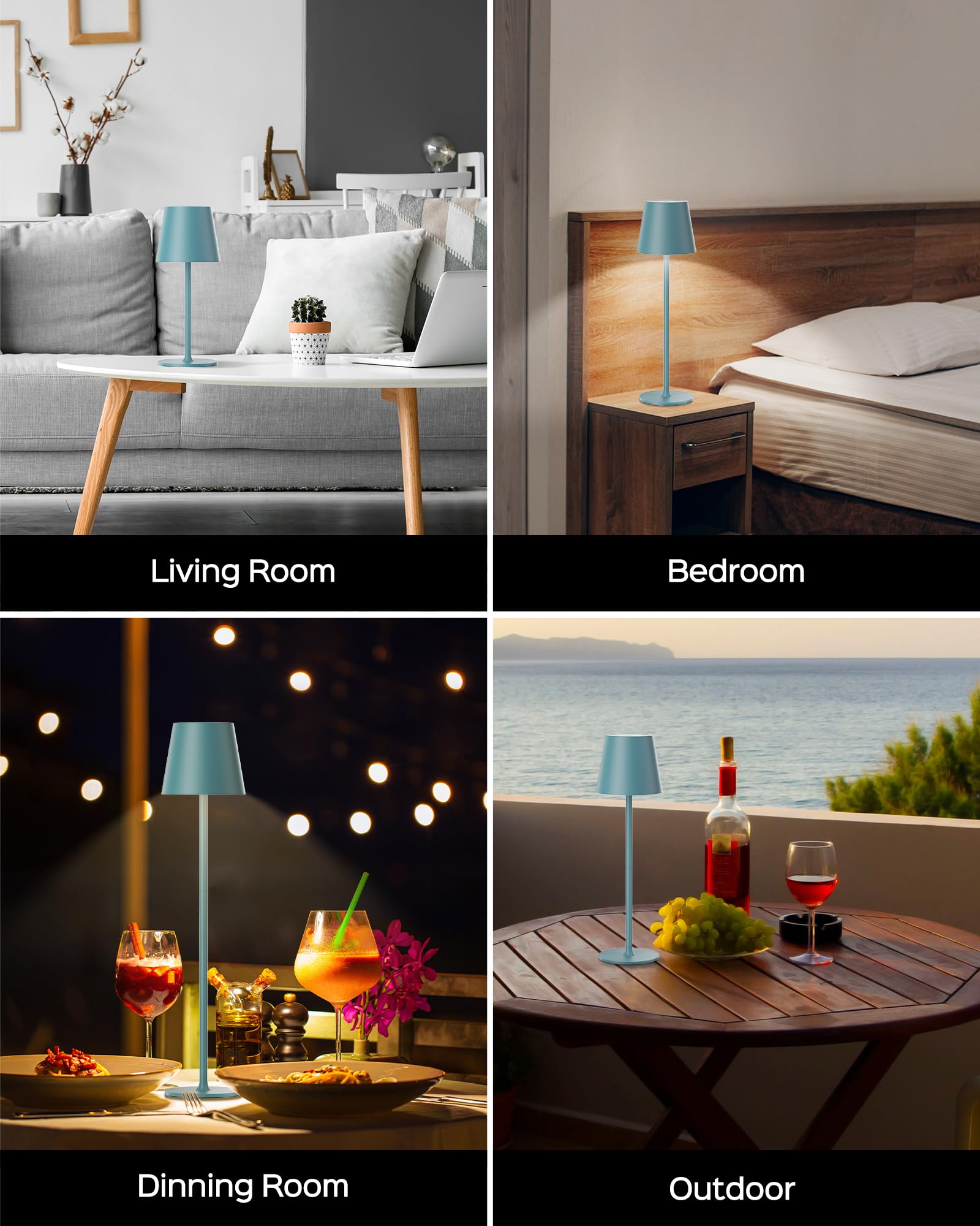JACKYLED Cordless Table Lamps, Rechargeable, 3 Adjustable Heights, 2 Pack, Blue, Waterproof LED for Kitchen, Bedroom, Outdoor