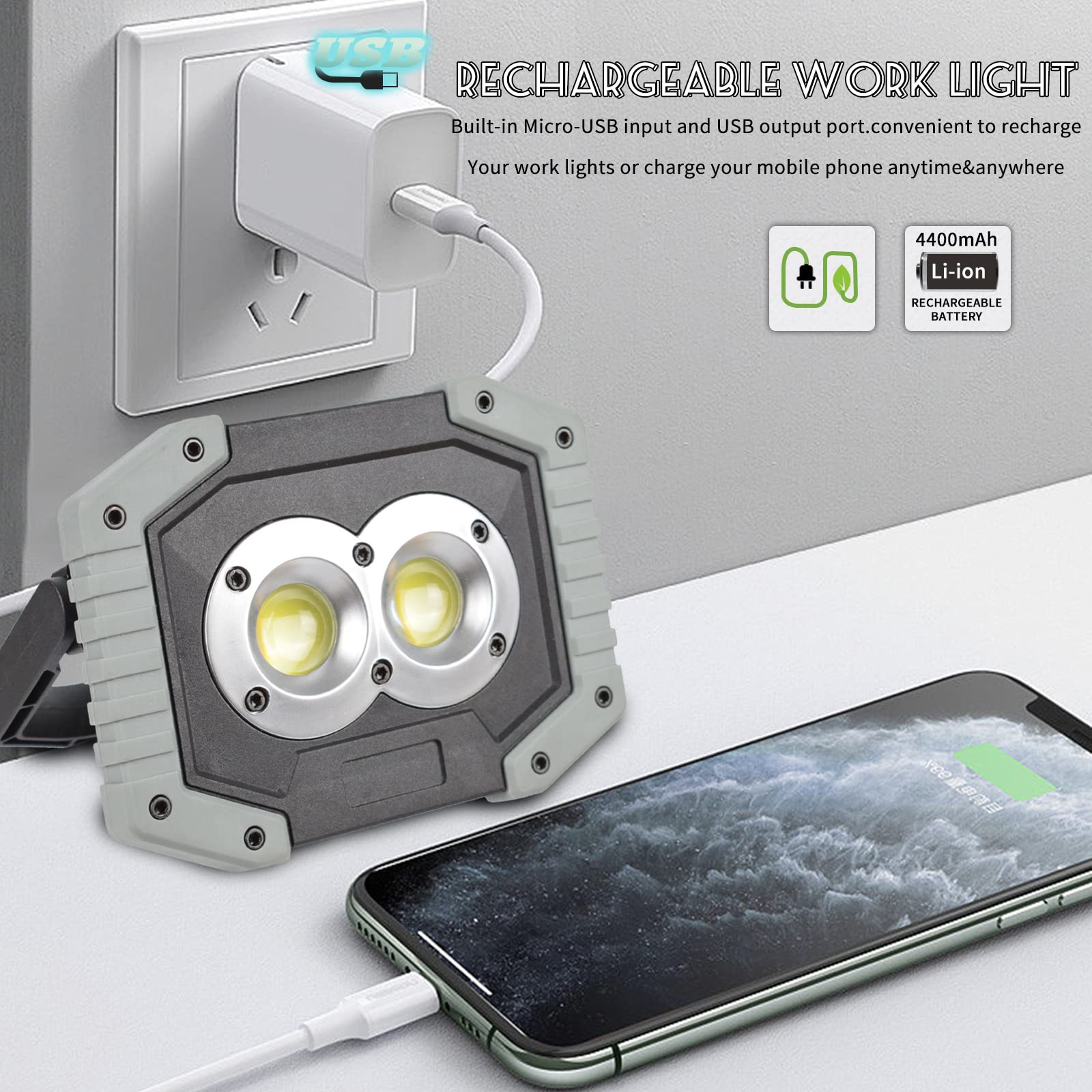 Otyty Work Light Rechargeable, Led Work Light Portable Flood Lights Magnetic Led Light For Outdoor Camping Hiking Emergency Car Repairing Job Site Lighting 2 Pack (W839 Grey)