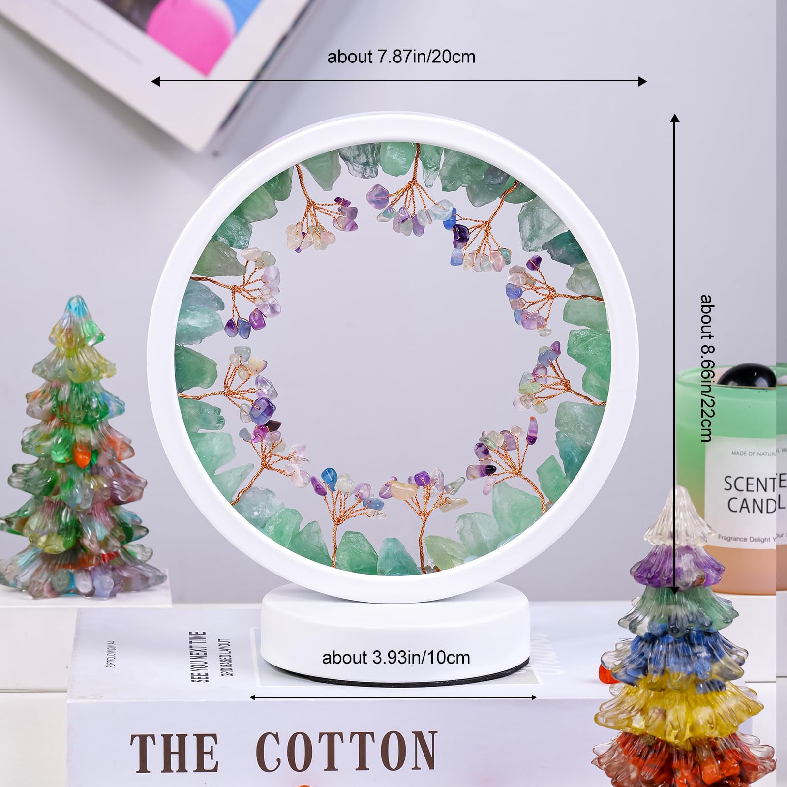 Runyangshi Natural Crystal Green Fluorite Small Tree Round White Frame Tri-Color Ambient Light Home Decoration Night Light Gift