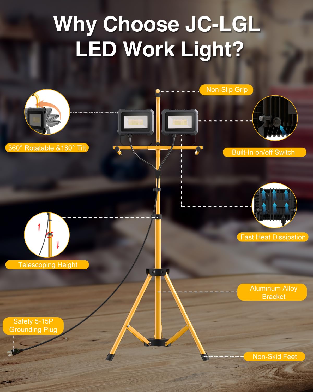 23000 Lumen Led Work Light With Stand, 200W 2 Adjustable Head Work Light, With Adjustable And Foldable Tripod Stand, Waterproof
