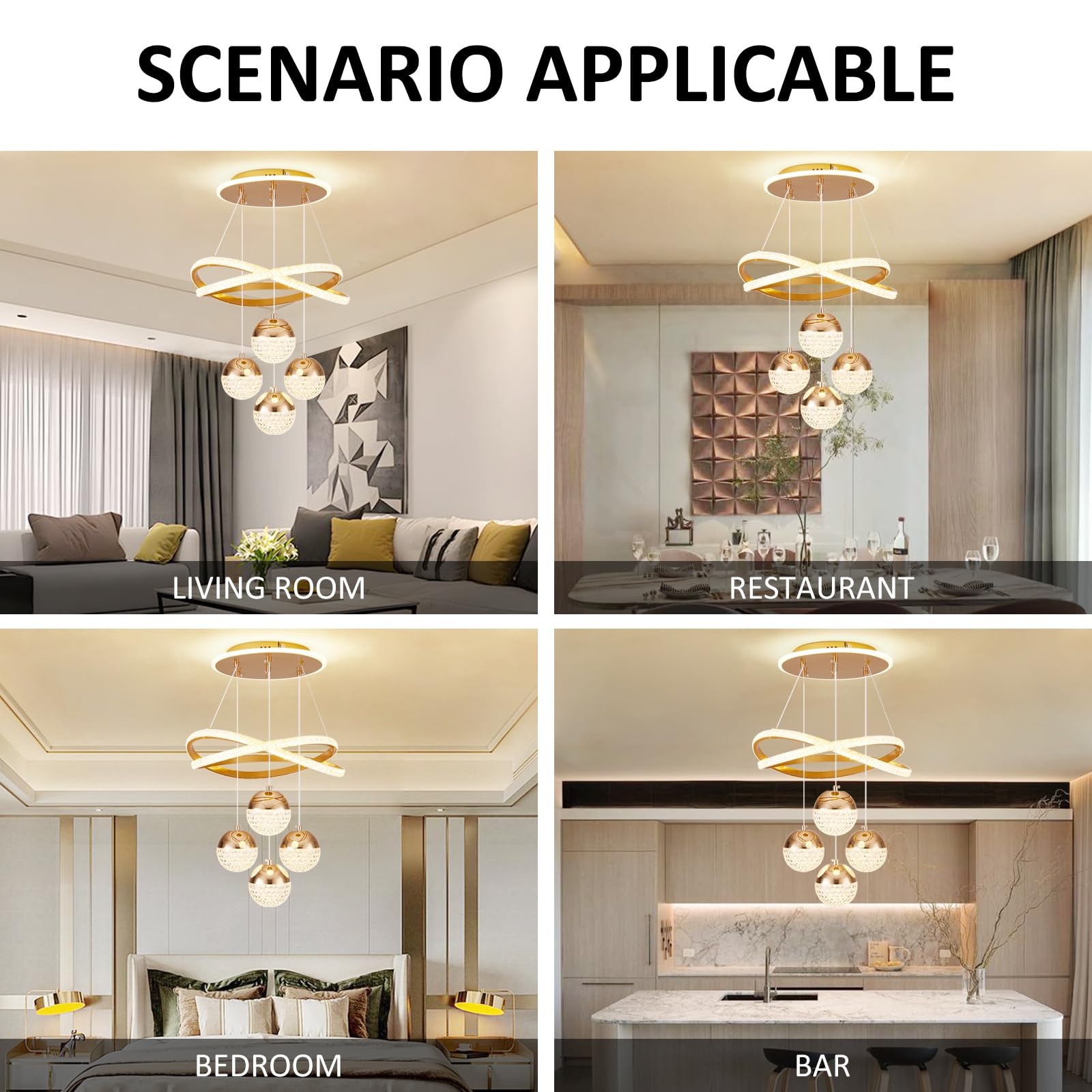SpavzeMe Modern Gold LED Chandelier - 3-Color Dimmable Pendant Light, Adjustable Height for Kitchen, Dining, Living Room, Model CT-1