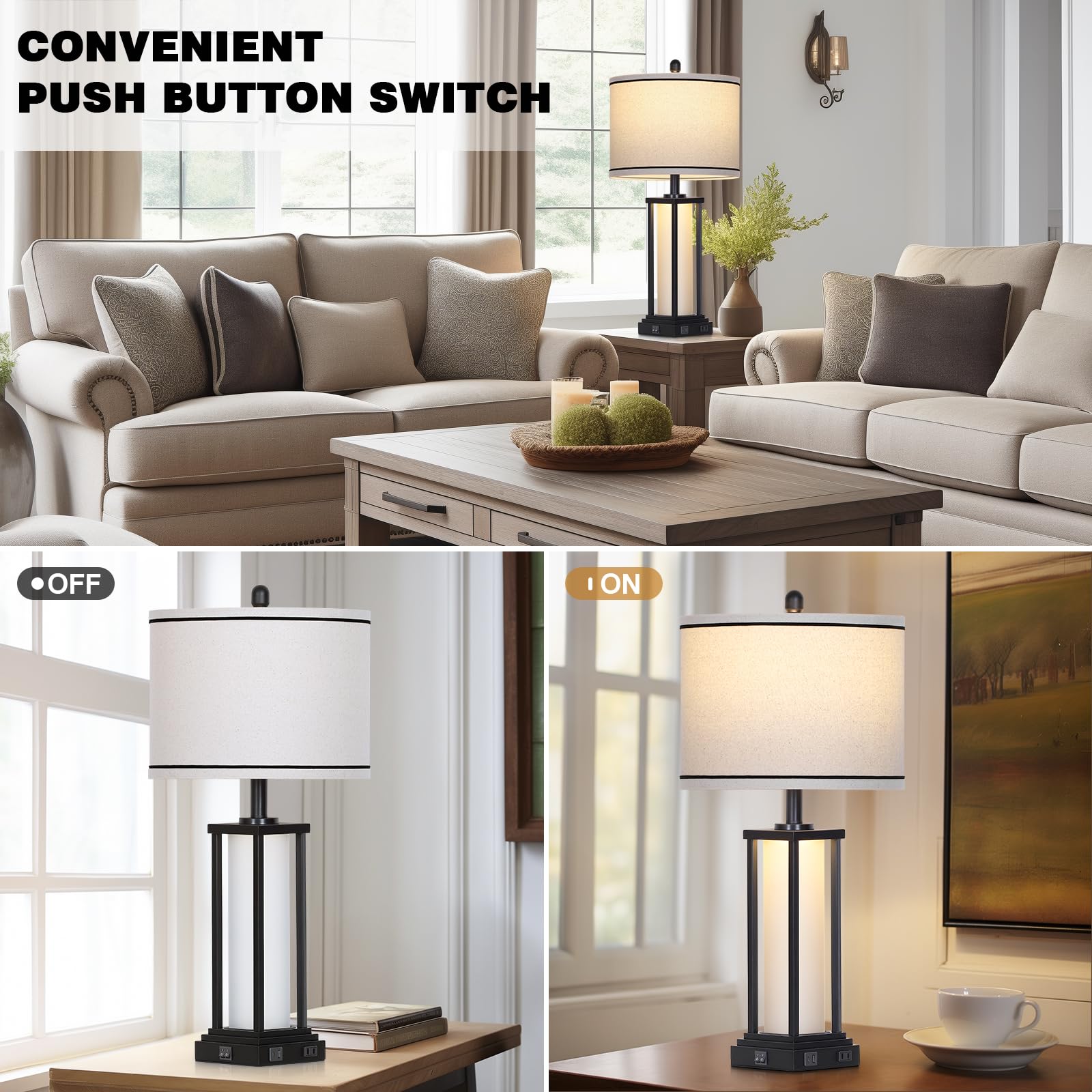 Cinkeda 27'' Tall Vintage Table Lamp With Usb C+A & Outlet,Black Industrial End Table Lamp For Living Room,Farmhouse Rustic Beds