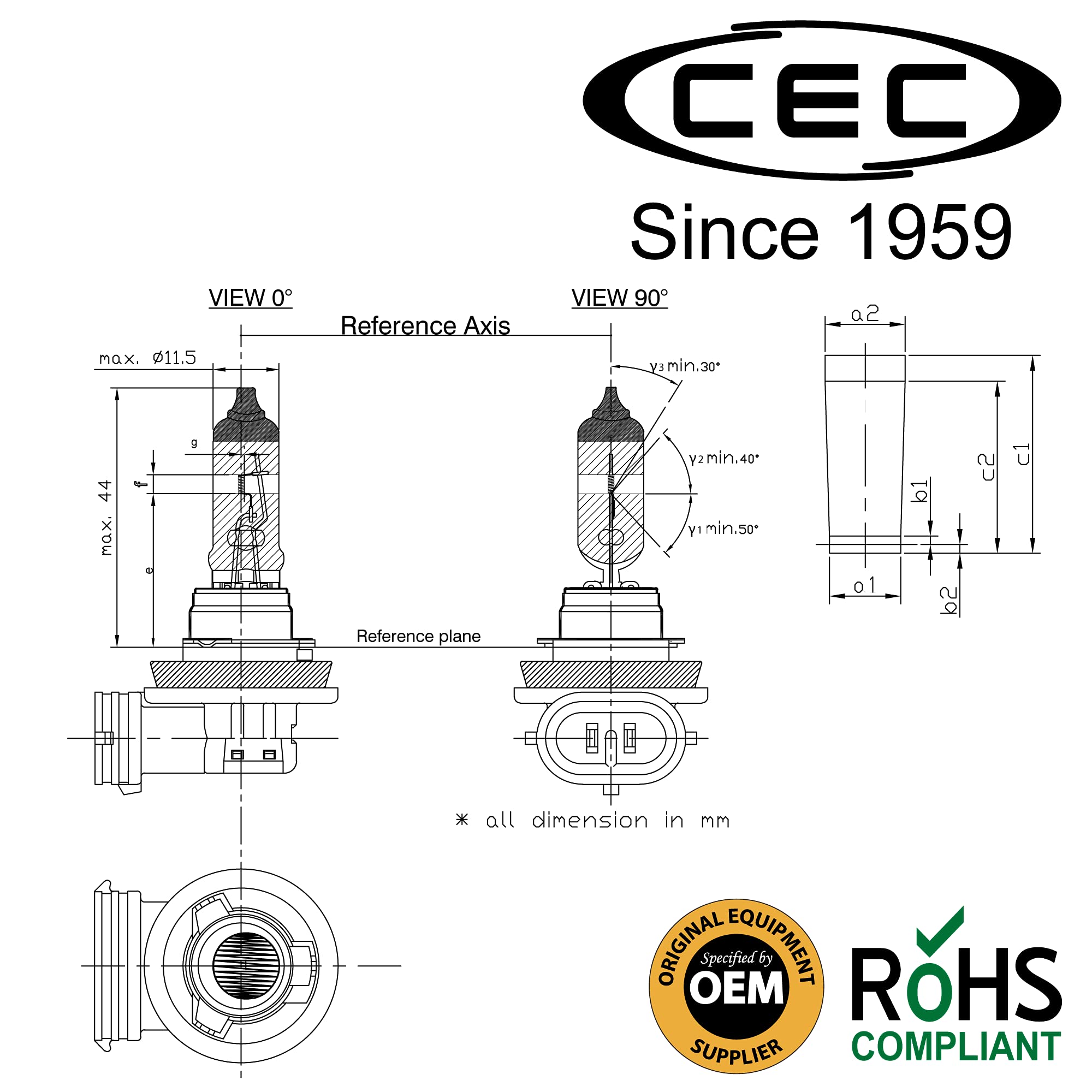 CEC H11 Fog Light Lamp 2-Pack, 12V 55W, White Light, Model HIBH11 WM, Metal