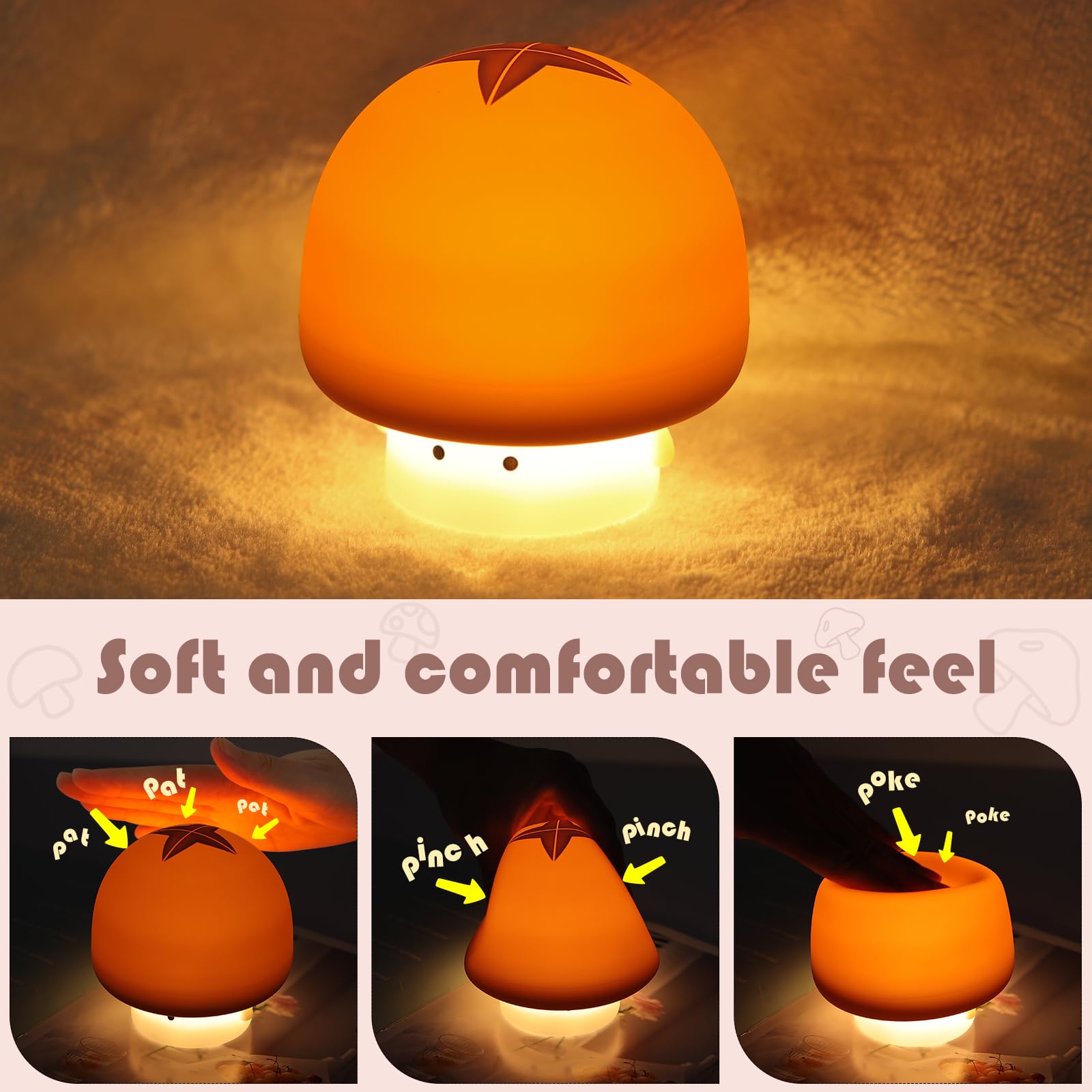 YISUN Mushroom Night Light, Rechargeable LED Lamp, 3 Level Dimmable, Cute Silicone, Brown, Model A021