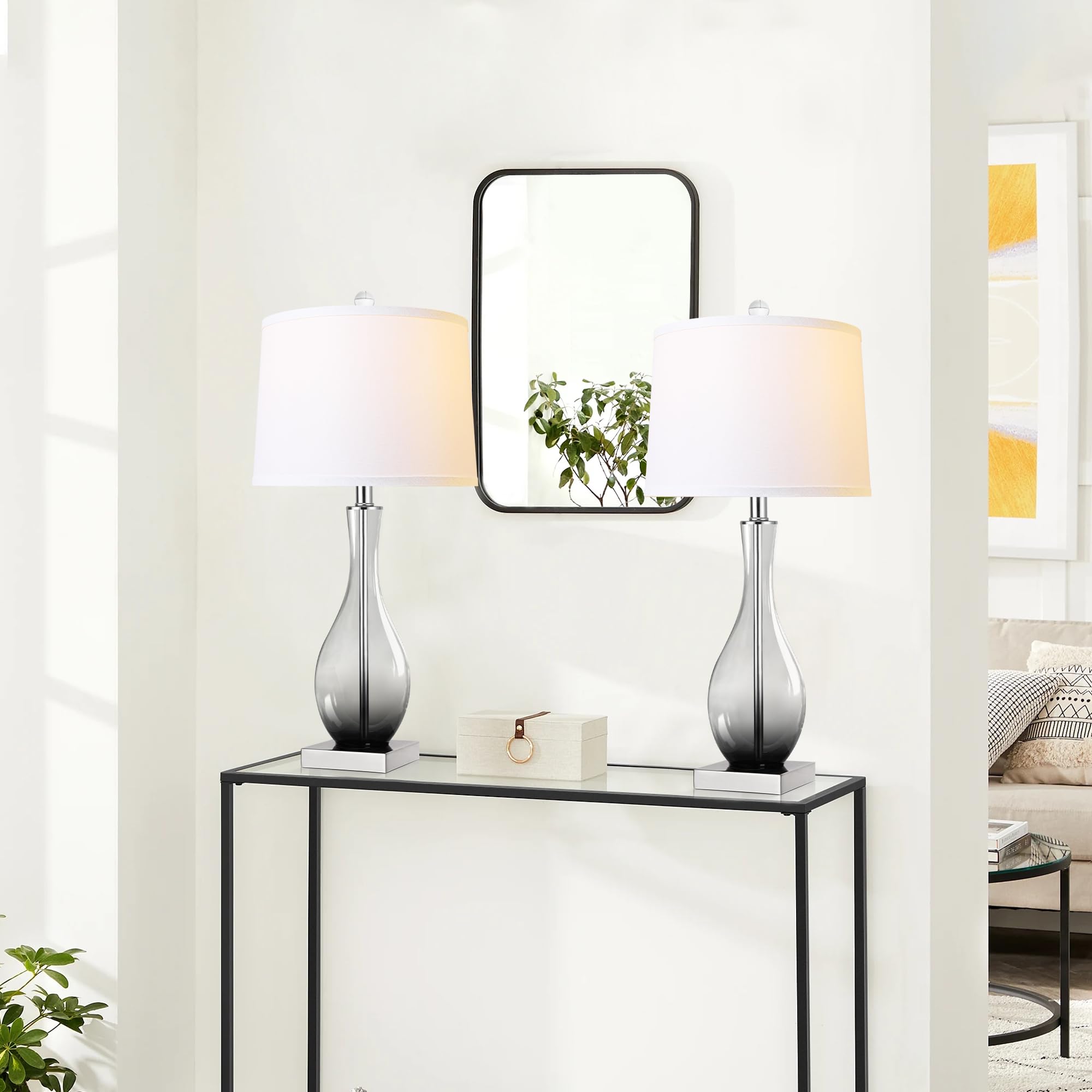 WIHTU Table Lamps Set of 2, Modern Glass, 3-Way Dimmable, 27in Bedside Desk Lamps with USB C and A Charging Ports, Gray, WTLP357