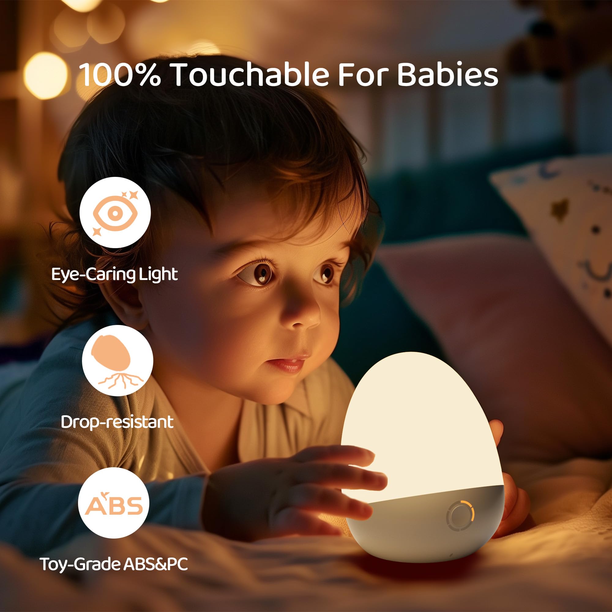 ZUZUKID Touch Egg Night Light - Rechargeable Kids Lamp with Timer, 3 Colors, 4x3.8x5 inches, White, Model MP001