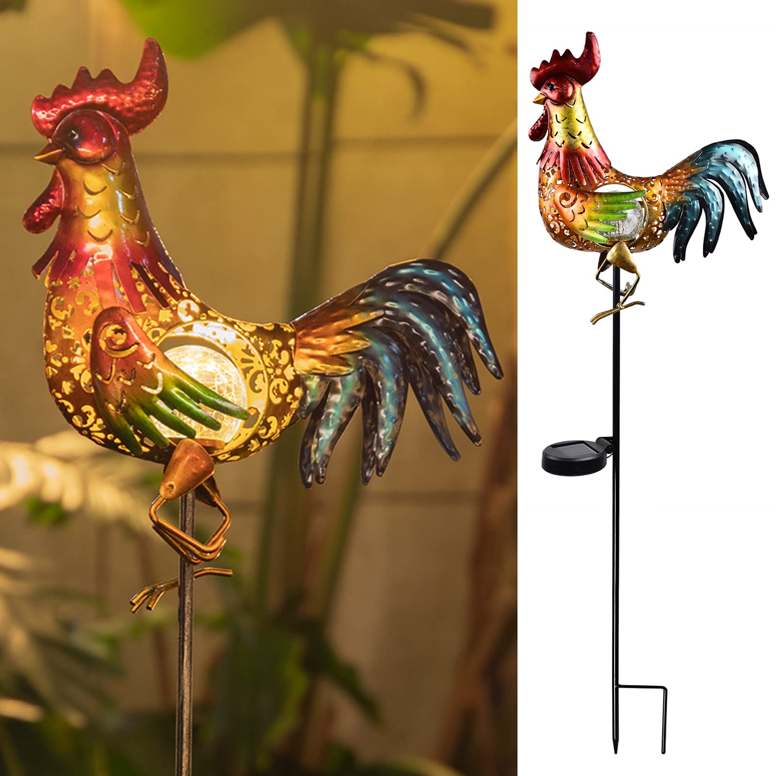 Tryme Chicken Decor Rooster Solar Lights Outdoor Decorative Garden Statue Gifts for Chicken Lovers Women Mother Metal Chicken Yard Art for Lawn