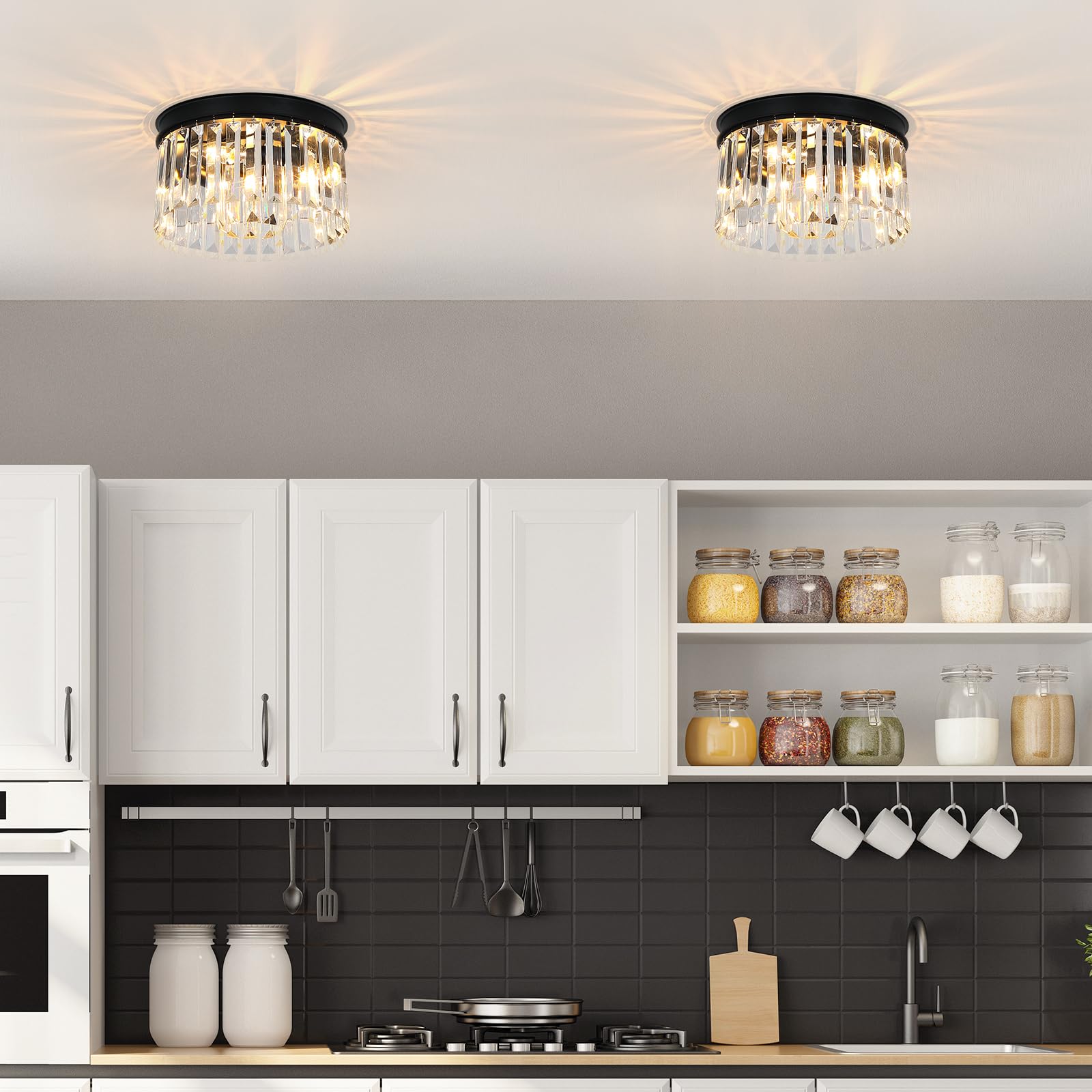 Black Flush Mount Ceiling Light Fixture, 12 Inch Modern Light Fixtures Ceiling, 3 Lights Crystal Chandelier Lighting For Living