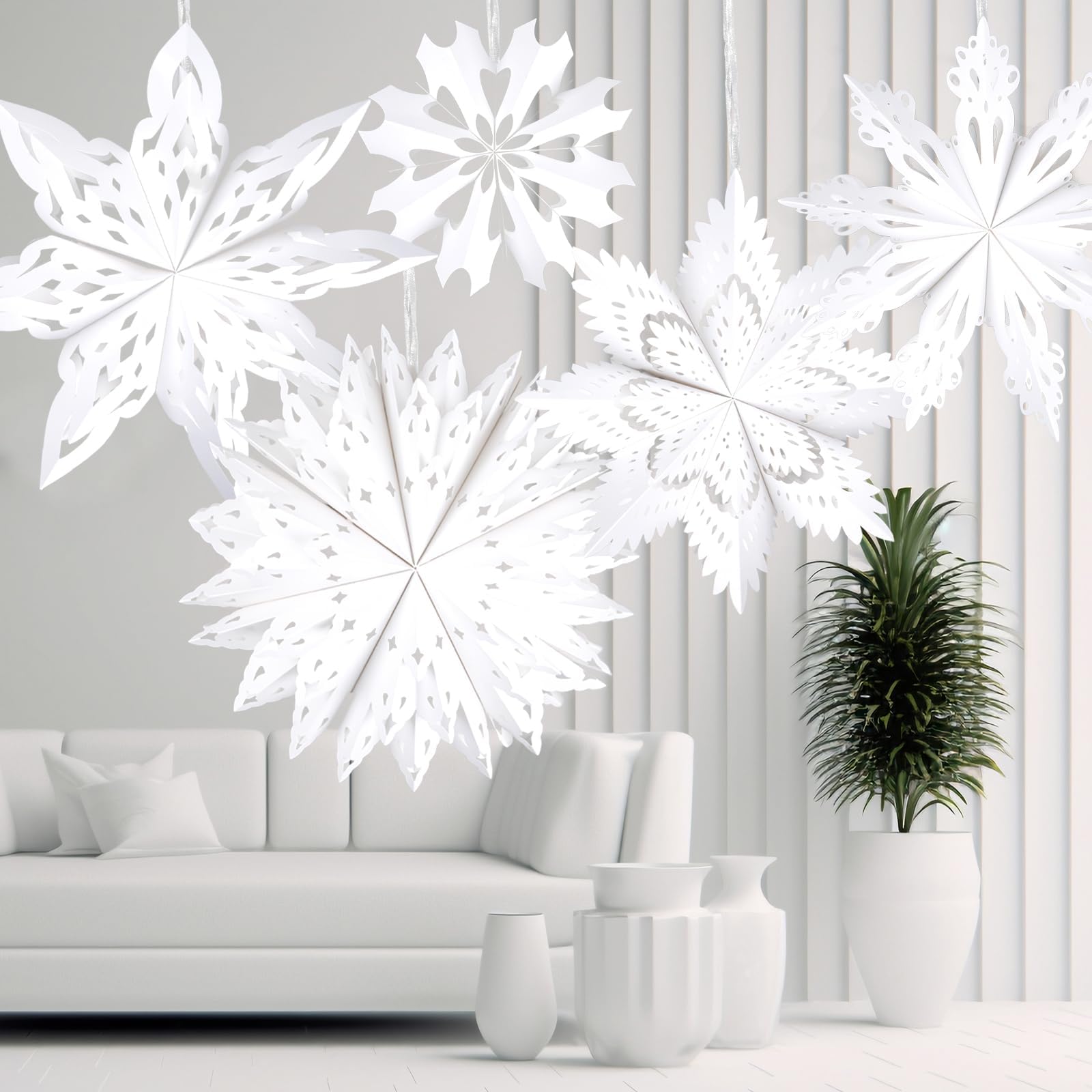 OuMuaMua 5 Pack Christmas Paper Snowflake Lanterns, White LED Hanging Lamps for Holiday Party Decorations, Model GSD001