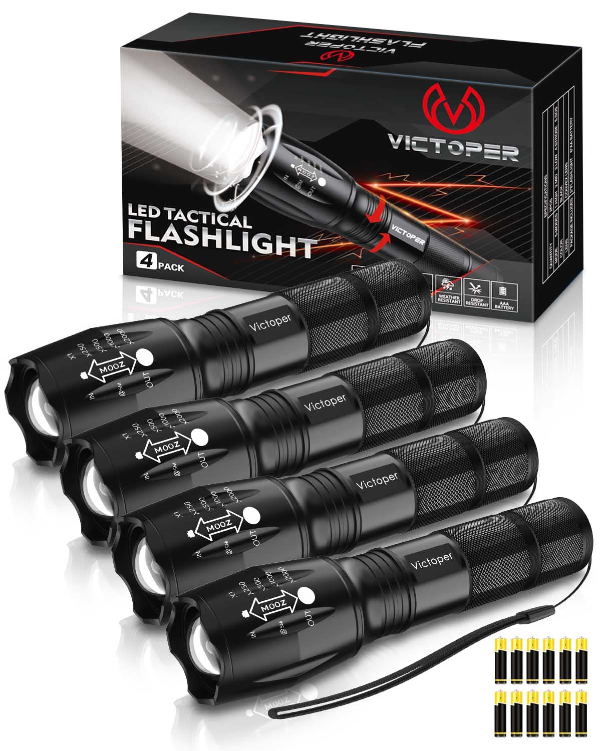 Victoper LED Flashlight 4 Pack, 2000 Lumens, Waterproof, Zoomable, Aluminum, Black, Model VT-FLV1000-4P