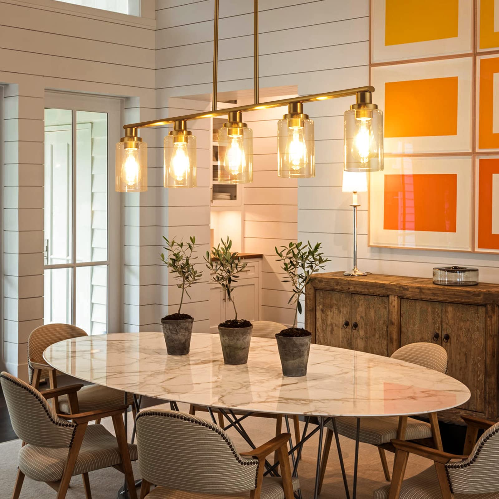 Kpiok Kitchen Island Lighting, 5-Light Modern Dining Room Light Fixtures Over Table,Farmhouse Gold Linear Chandeliers For Dining Room, Industrial Pendant Lights Fixture With Clear Glass Shade