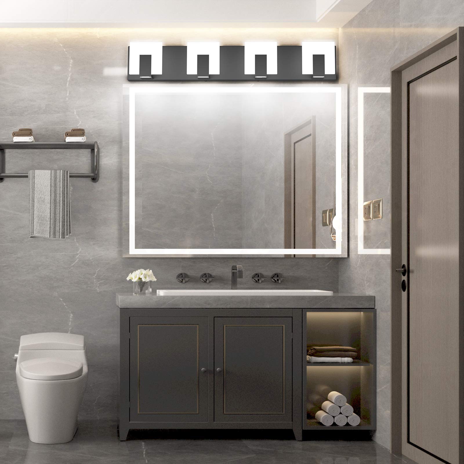 Aipsun 4 Lights Modern Black Vanity Light - LED Bathroom Wall Fixture 6000K, Acrylic, Up and Down Design, GW-1105
