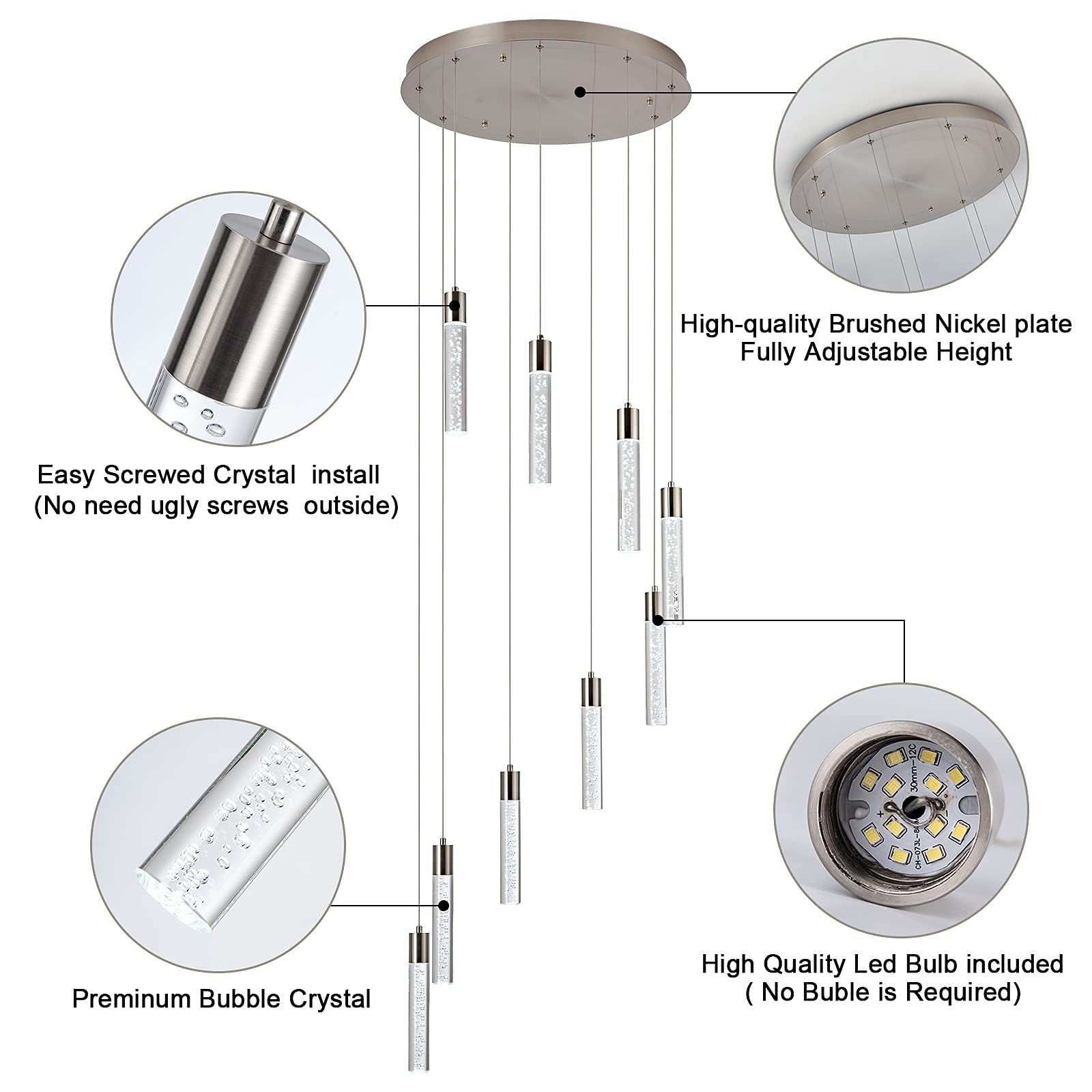 votag Pendant Lighting Chandelier 9-Light Nickel Acrylic Modern High Ceiling Foyer Staircase Model A174