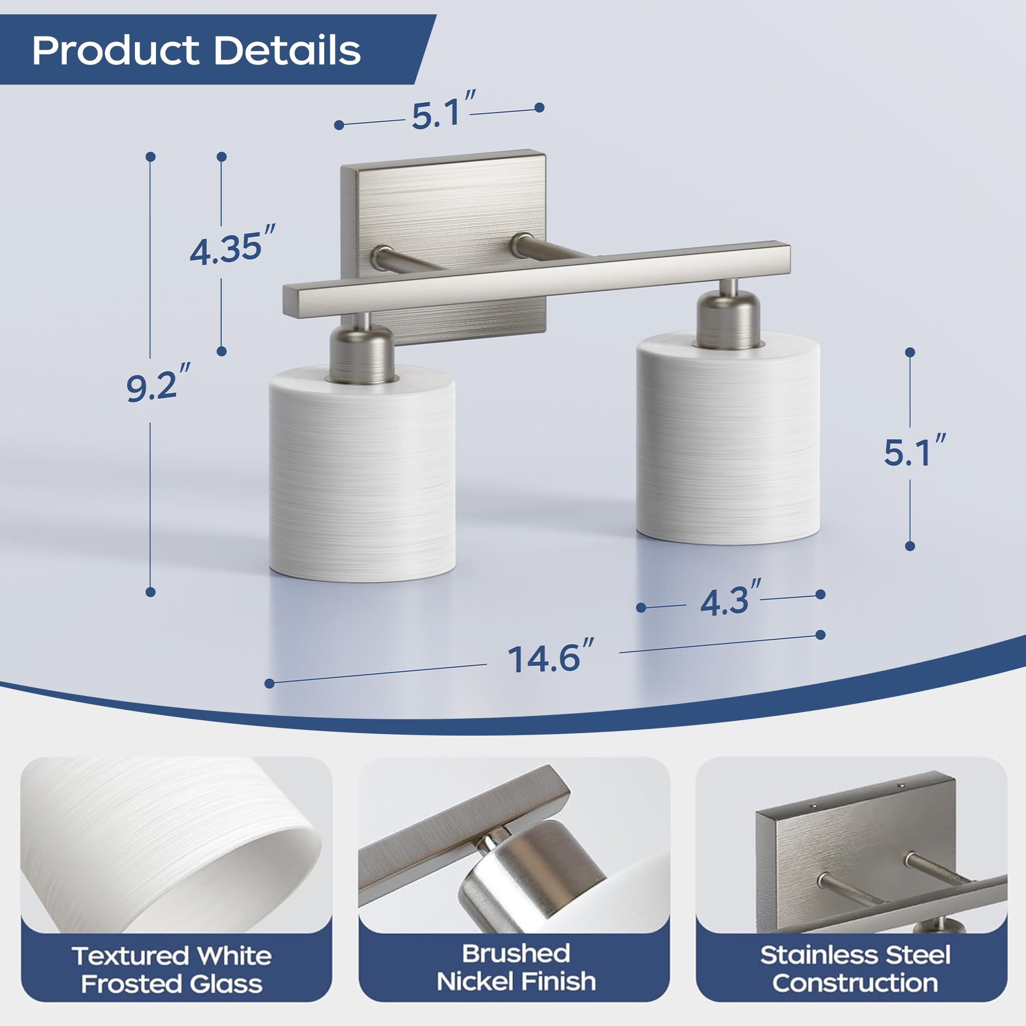 PARTPHONER Classic Vanity Lights, 2-Light Brushed Nickel, Textured Frosted Opal Glass Shades, Model PAWL200AS1