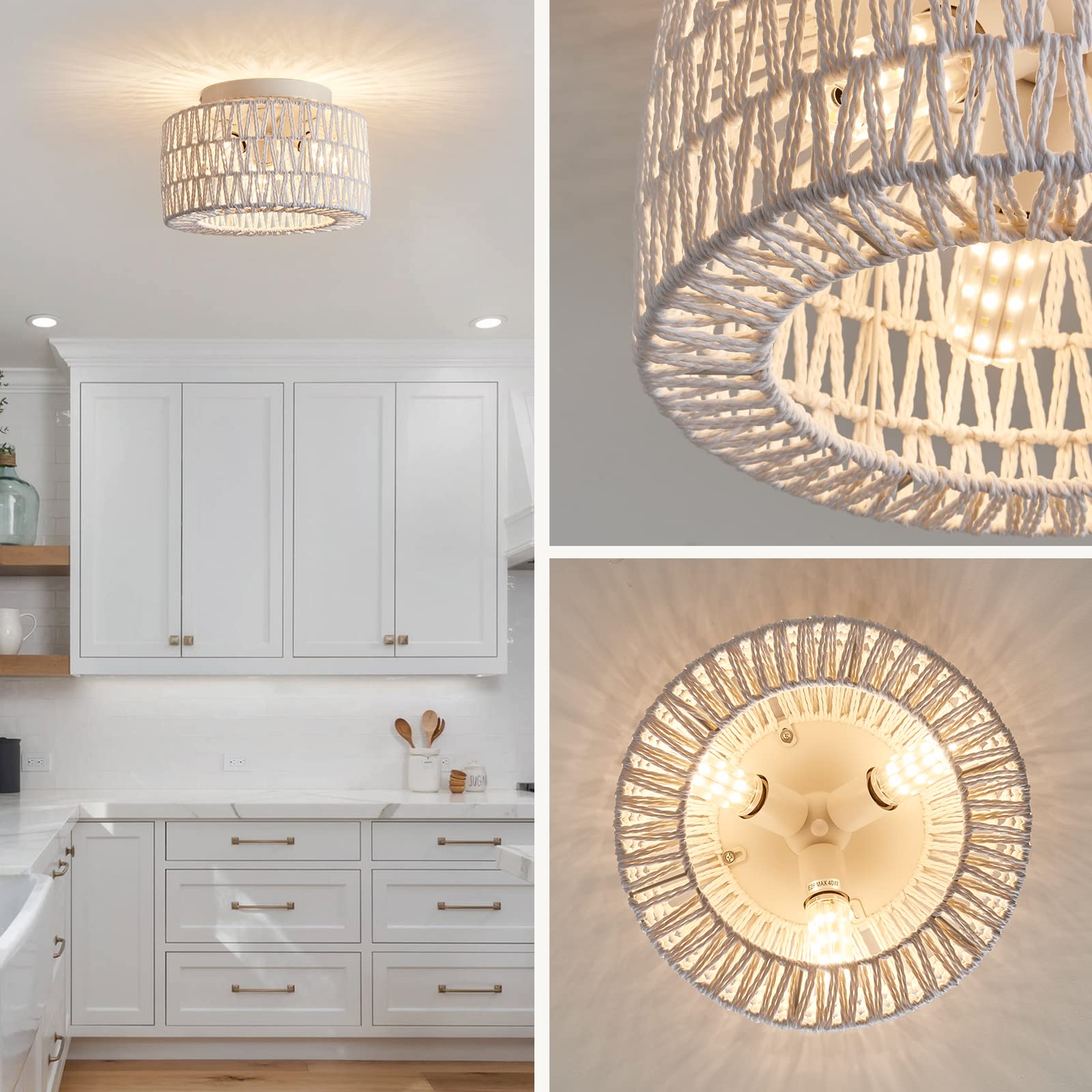 Rattan Light Fixtures Ceiling Mount, 3-Lights Boho Flush Mount Ceiling Light, Hand-Woven Cage Shade Lamp Lighting, Rustic Rattan