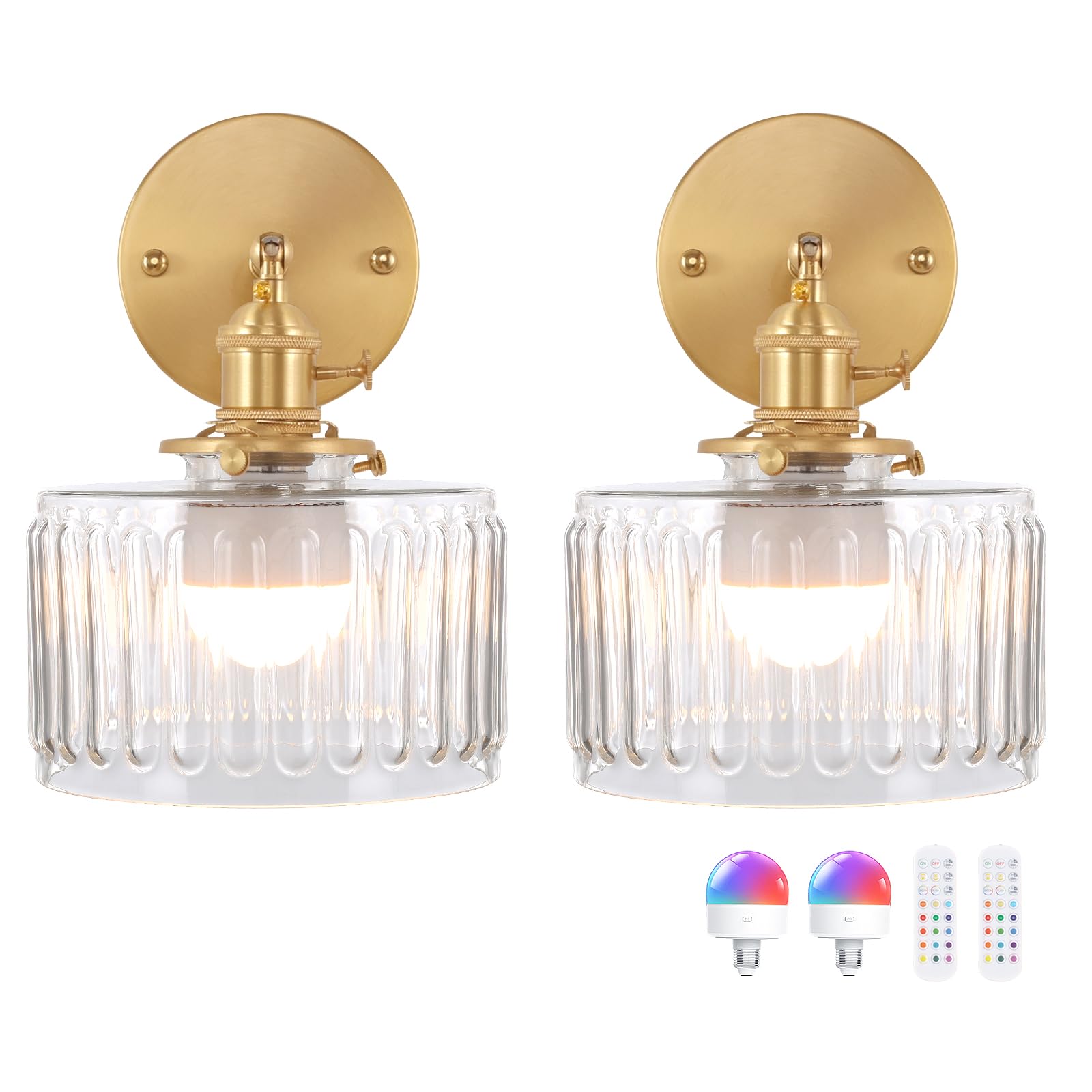Shenmoyl Vintage Wall Sconce, Battery Operated, Clear Striped Glass, Rechargeable, Set of 2