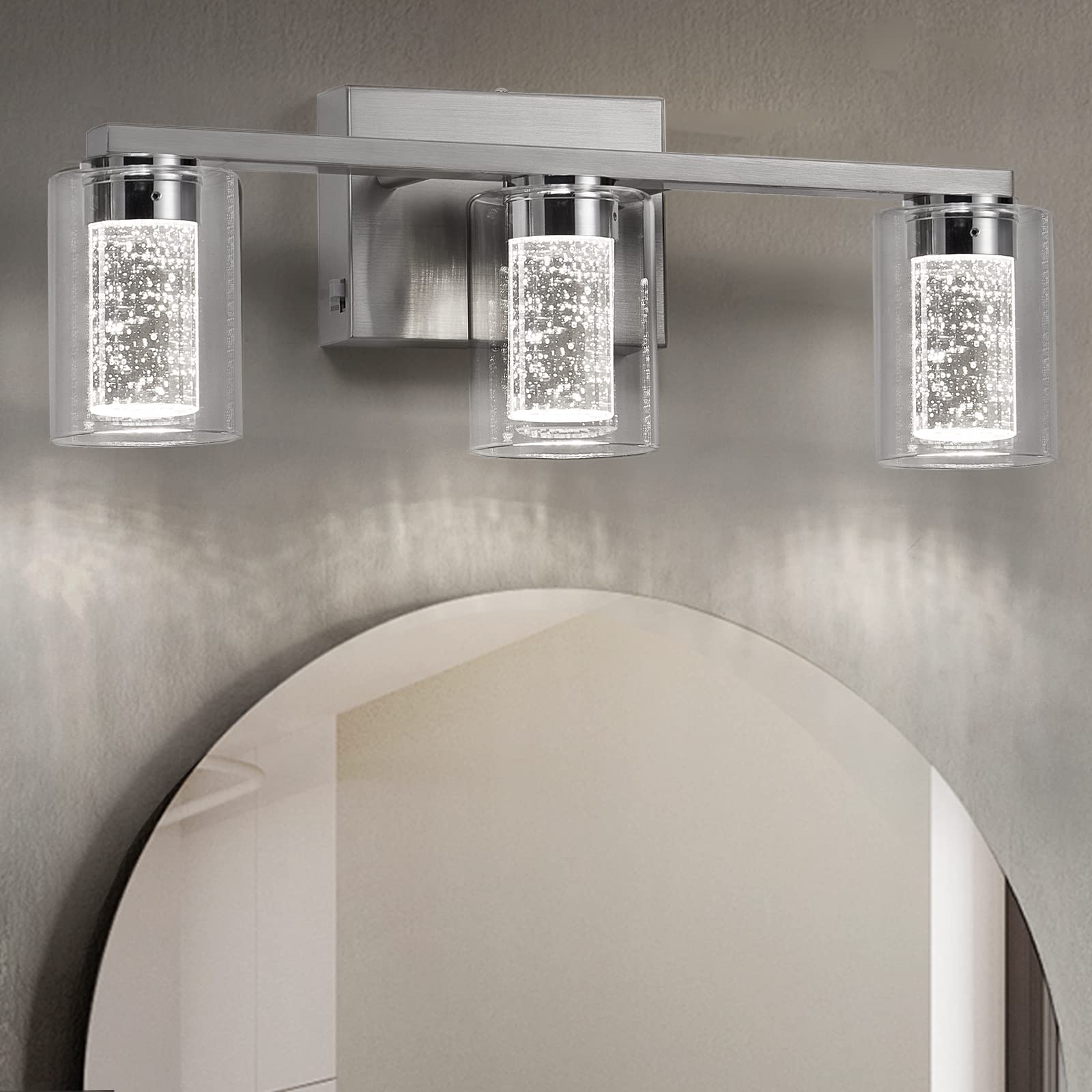 Sadenicel 3-Light Brushed Nickel Vanity Lights - Dimmable Crystal Led Fixtures For Bathroom