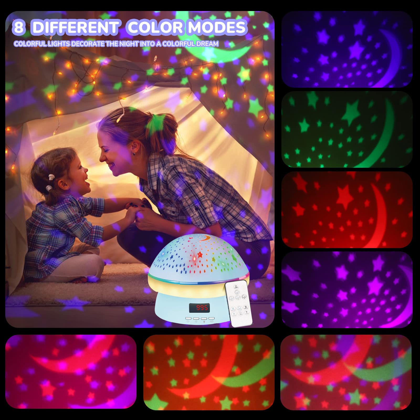 Remote Control and Timer Design Starry Sky Rotating Star Projector Night Light,16 Colorful Projector Light Dimmable LED Bedside