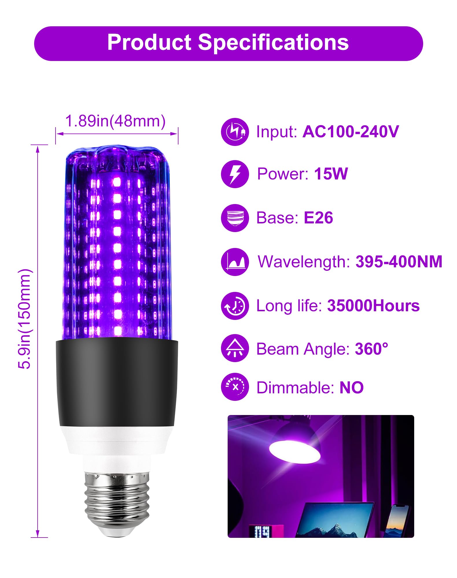 GOHDLAMP LED Black Light Bulb 15W E26 Base UV 395-400nm 2 Pack Black & White Panda Design for Glow in The Dark Use