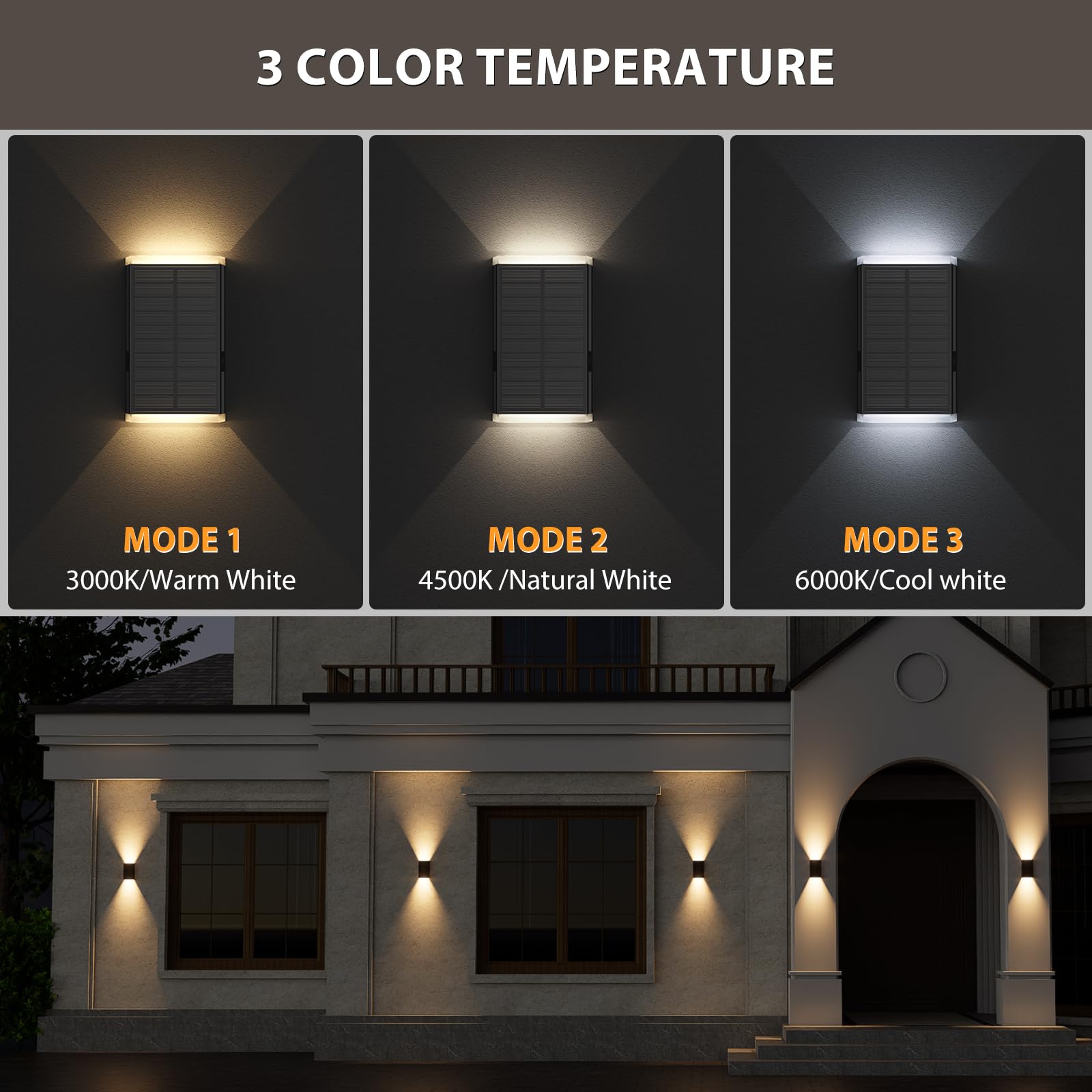 UGDLUCK Solar Wall Light Outdoor, IP67 Waterproof, 3000/4000/6000K, 1 Pack, Durable ABS, Model CD006