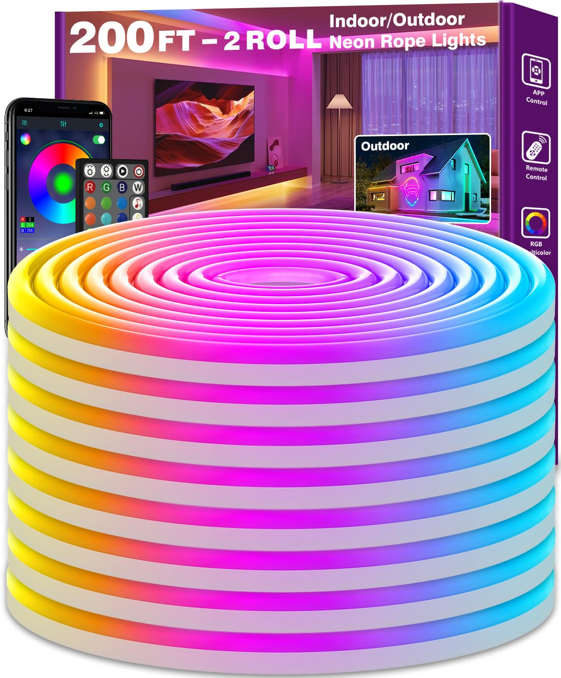 SINLEY Led Neon Rope Lights, 200FT RGB Waterproof, Flexible, App/Remote Control, Music Sync, Indoor/Outdoor Use
