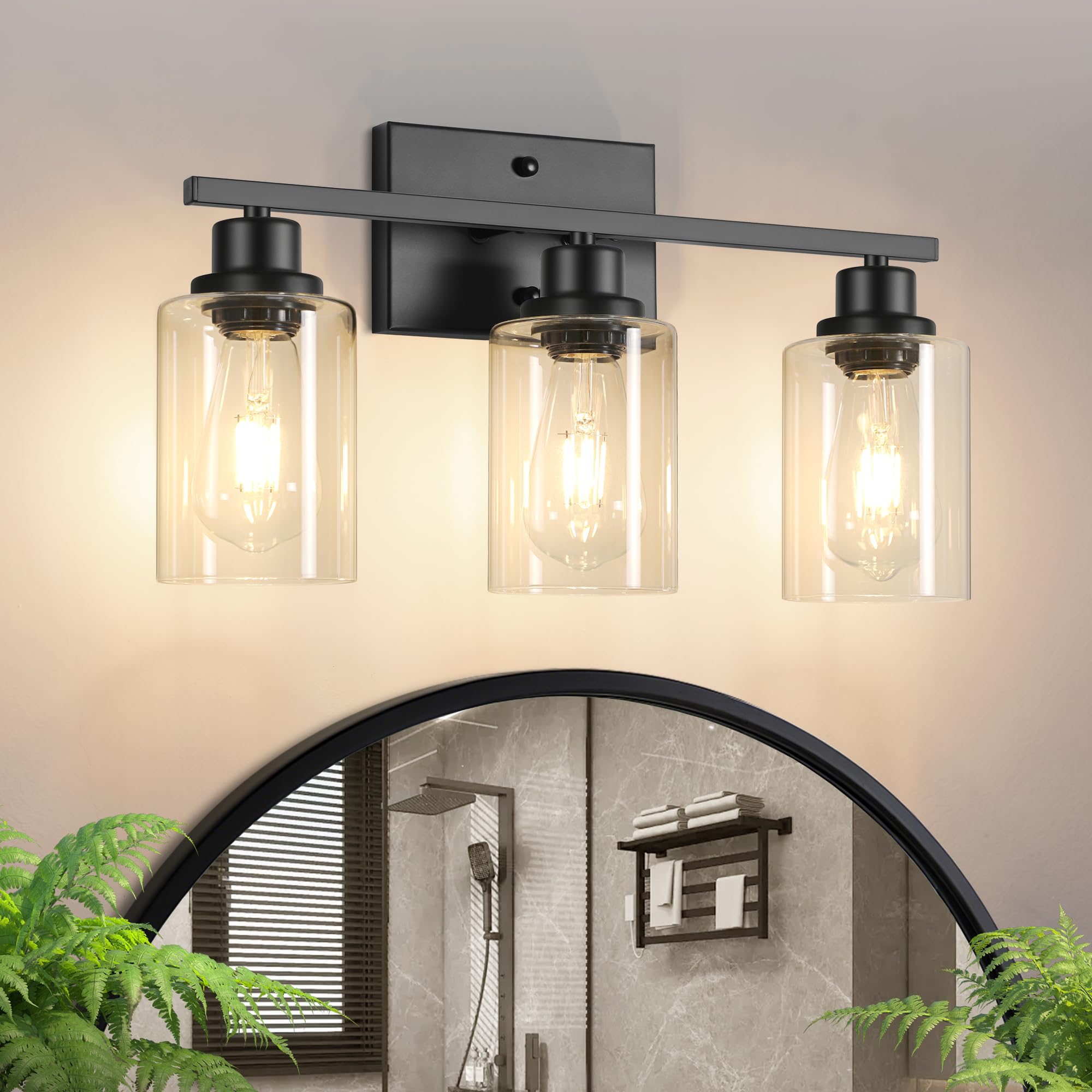 Ascher Bathroom Light Fixtures  3-Light Vanity Light Over Mirror  Matte Black Wall Sconces with Clear Glass Shades  Wall Lamp for Living Room Bedroom  E26 Base(Bulbs Not Included)