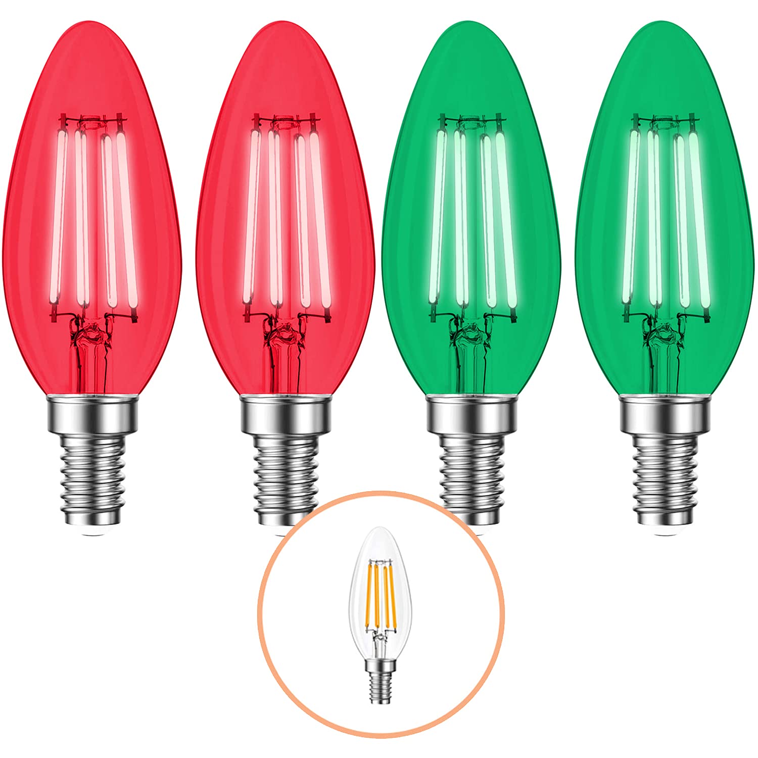 4 Pack Filament E12 Candelabra LED Christmas Light Bulbs - 4W 40 Watt Equivalent E12 Base - Vintage LED Decor Red Light Bulbs Gr