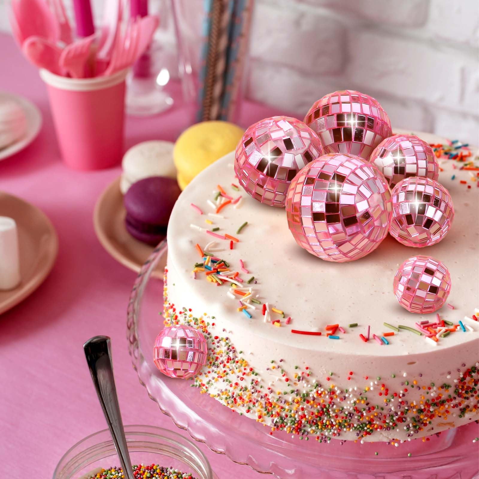 Abeillo Disco Ball Cake Topper Set, 7PCS Pink Foam Decorations, 70s Disco Theme, 4 Sizes