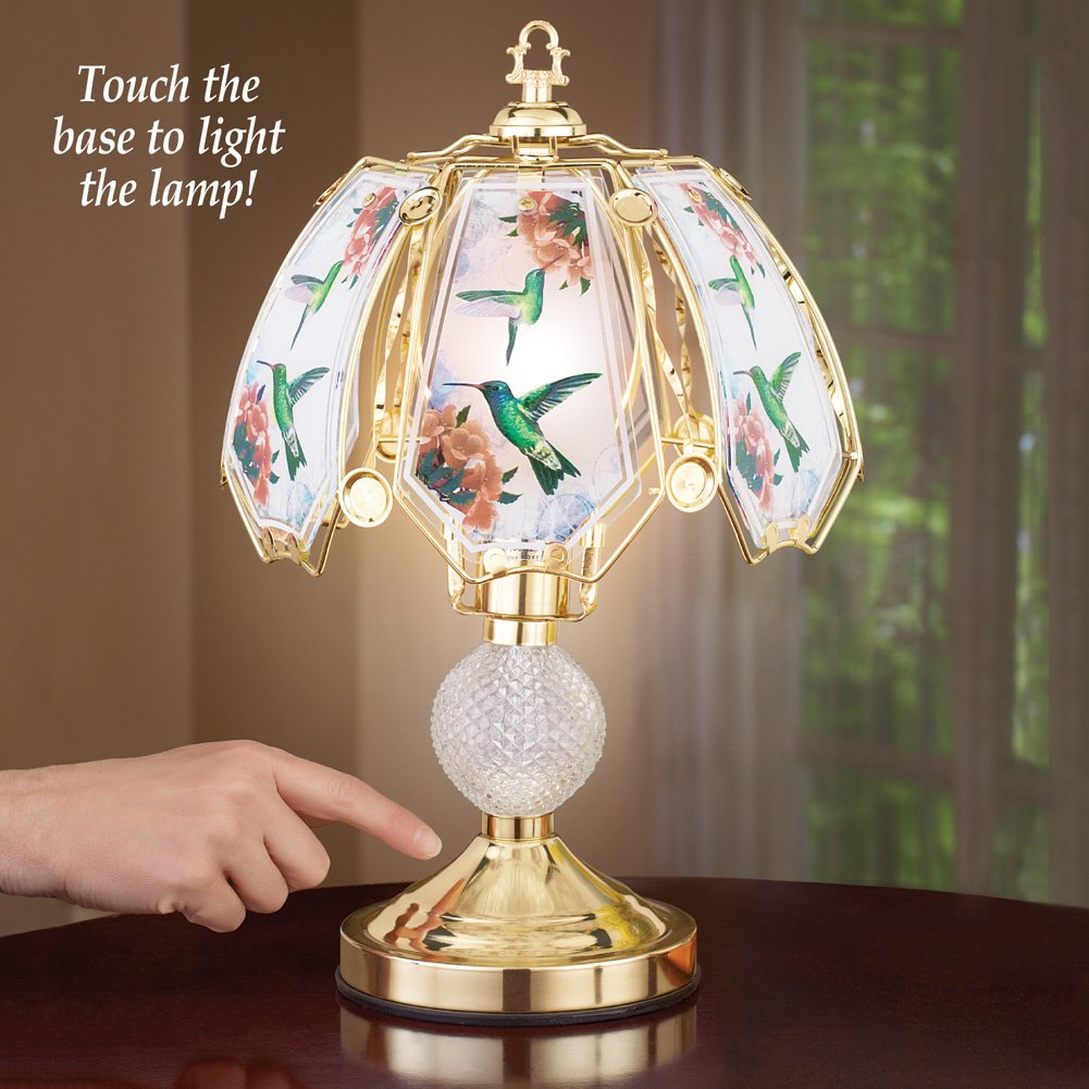 Collections Etc Hummingbird Lamp - Gold-Tone Base, Colored Glass Panels, Tabletop Accent, Model COFA152134