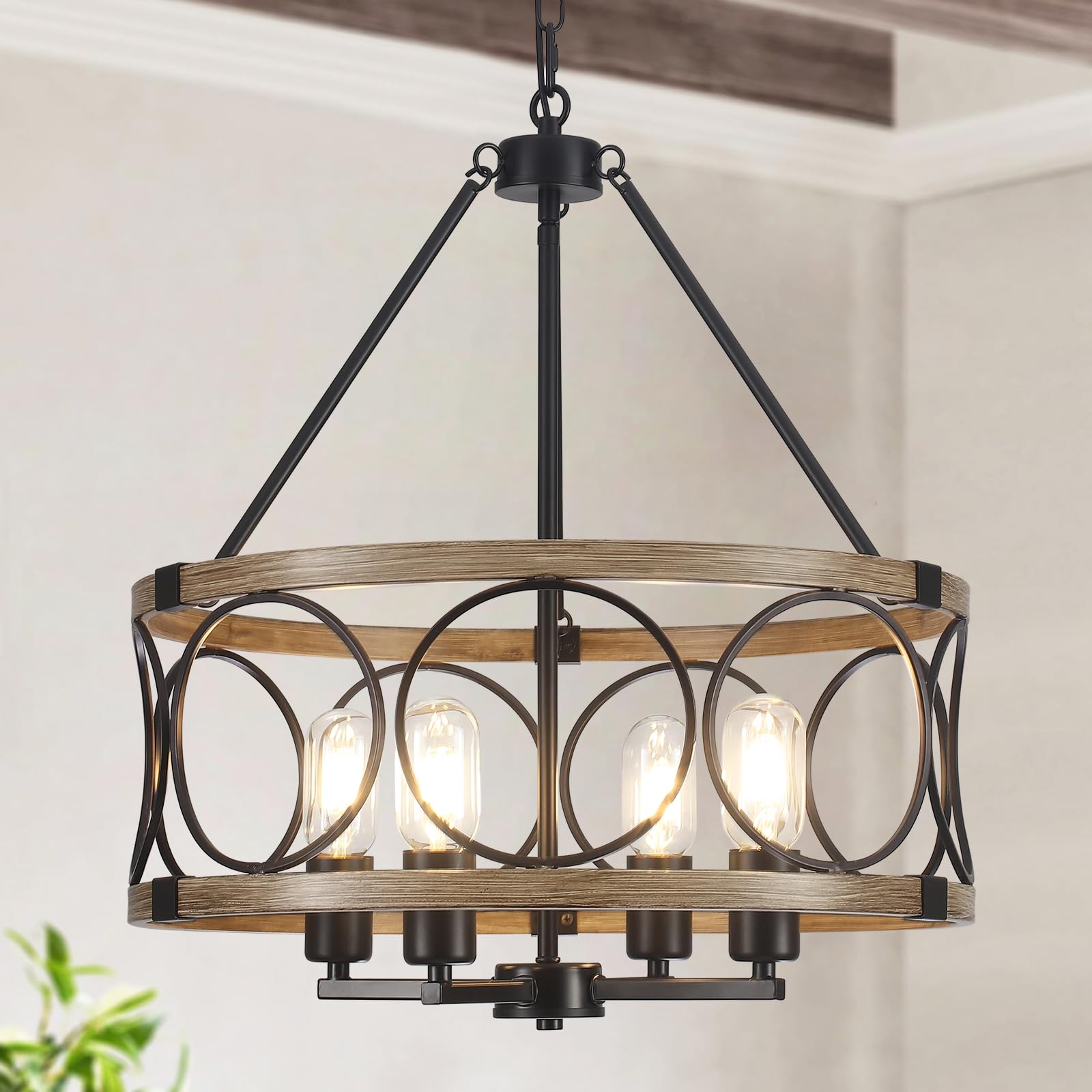Farmhouse Chandelier for Dining Room Light Fixture 4-Light 17.71    Rustic Black and Brown Metal Wood Grain Round Pendant Kitche
