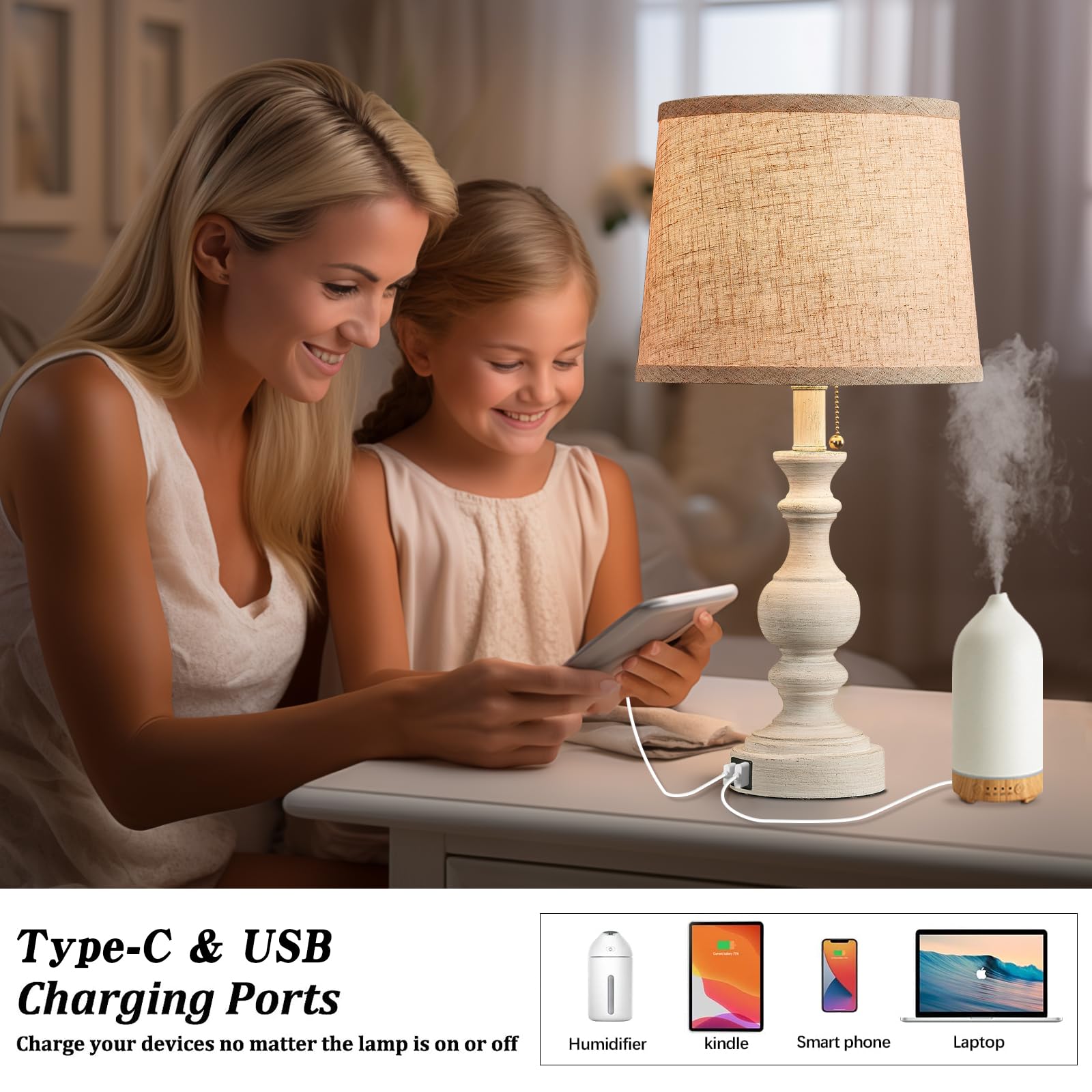 Farmhouse Table Lamps For Bedroom Set Of 2 Bedside Lamps For Nightstand With Usb C+A Charging Ports Traditional Side Table Lamps