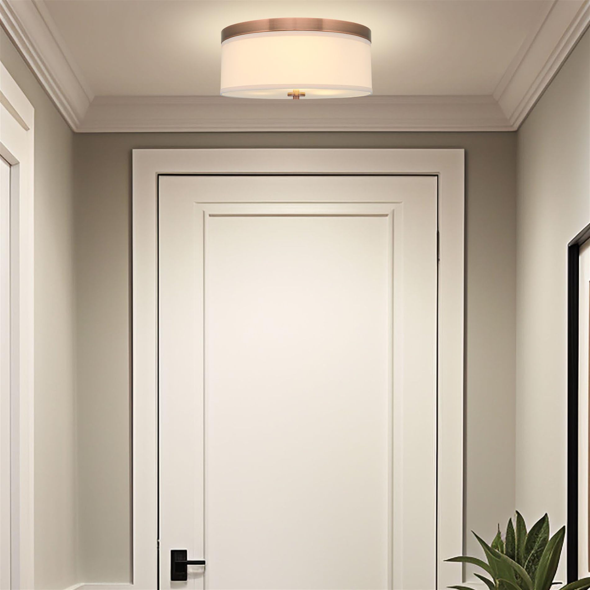 Kira Home Walker 15'' Mid-Century Modern 3-Light Flush Mount Ceiling Light, Cream Fabric Shade + Round Glass Diffuser, Copper Br