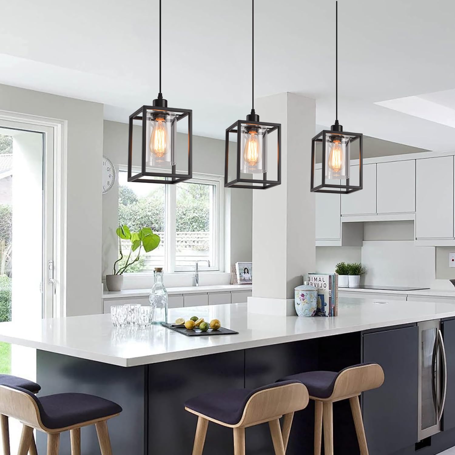 Aojunsansan Black Pendant Lights For Kitchen Island Industrial Lantern Pendant Light Fixtures With Clear Glass Shade, Farmhouse