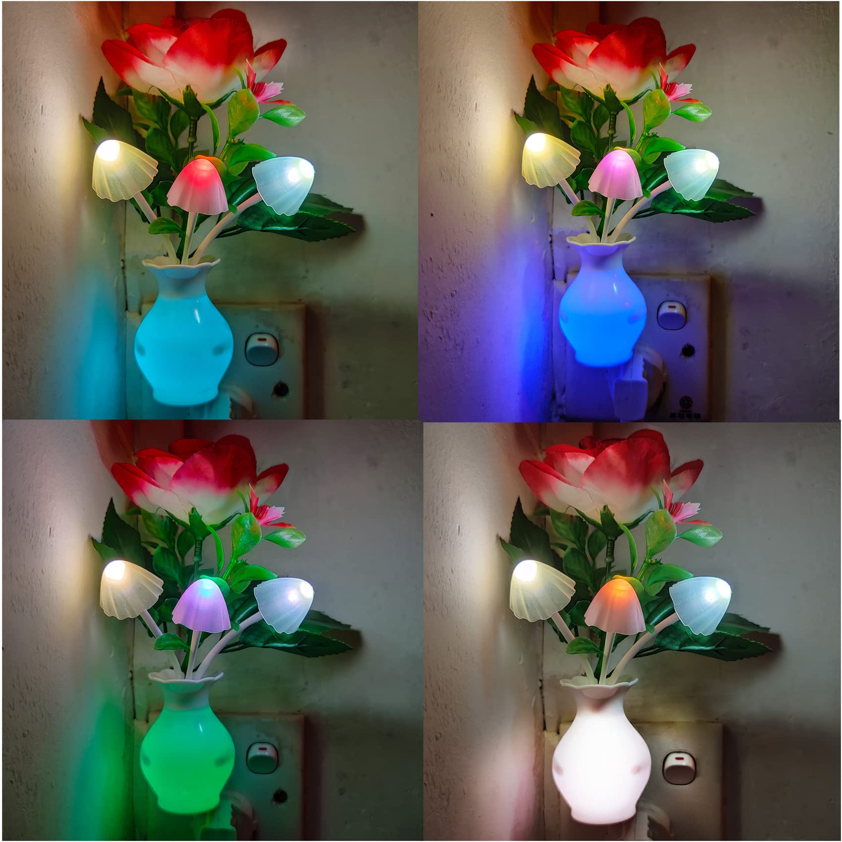 AUSAYE 4 Pack Sensor LED Night Light Plug-in Nightlight, Color Changing Mushroom Lamp Flower Night Lights for Kids Adults Bedroo