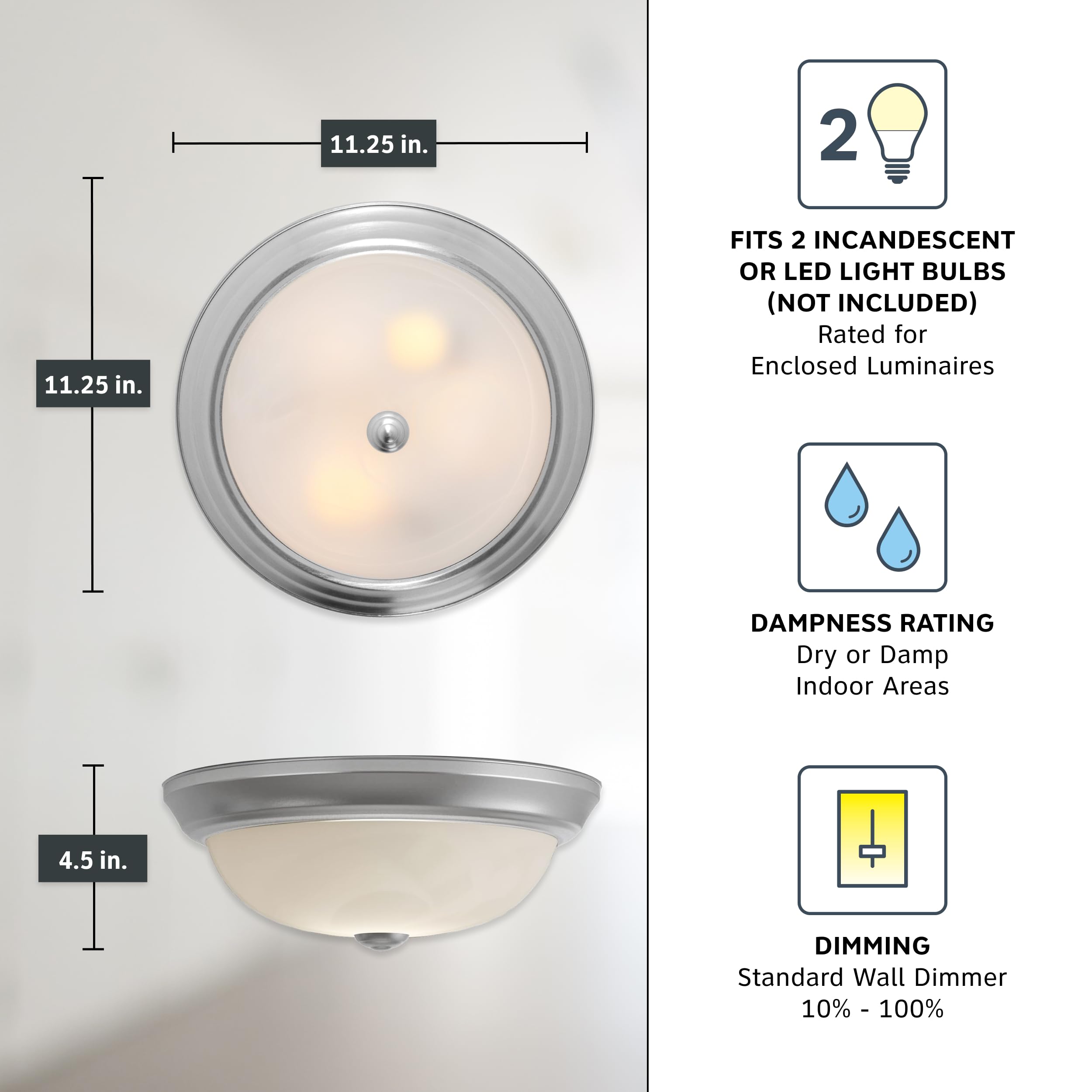 DESIGNERS FOUNTAIN 2-Light Flush Mount Ceiling Light, 11 in, Pewter, Glass, Model 1257S-PW-AL