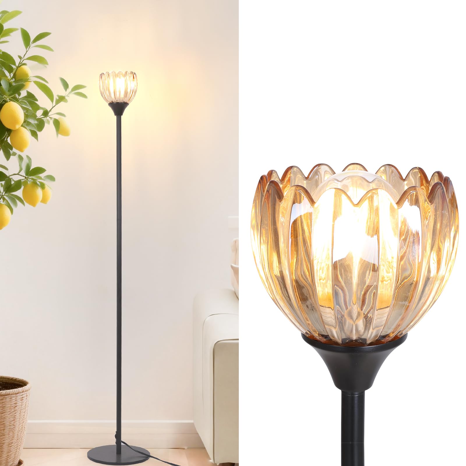Shenmoyl Floor Lamps for Living Room, Bedroom, Black Standing Lamp with 12W Bulb, Vintage Floor Lamp for Reading, Nursery, Corne