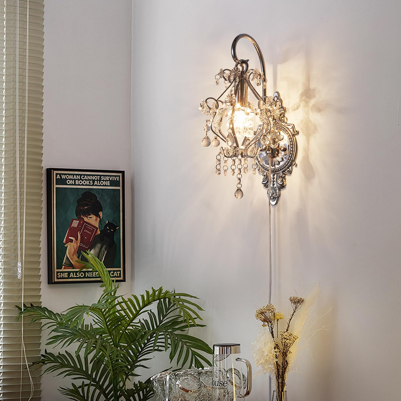 Fetason 2 Pack Vintage Crystal Wall Sconces, Silver Plug-in Indoor Lighting, E12 LED Compatible, Model FT603