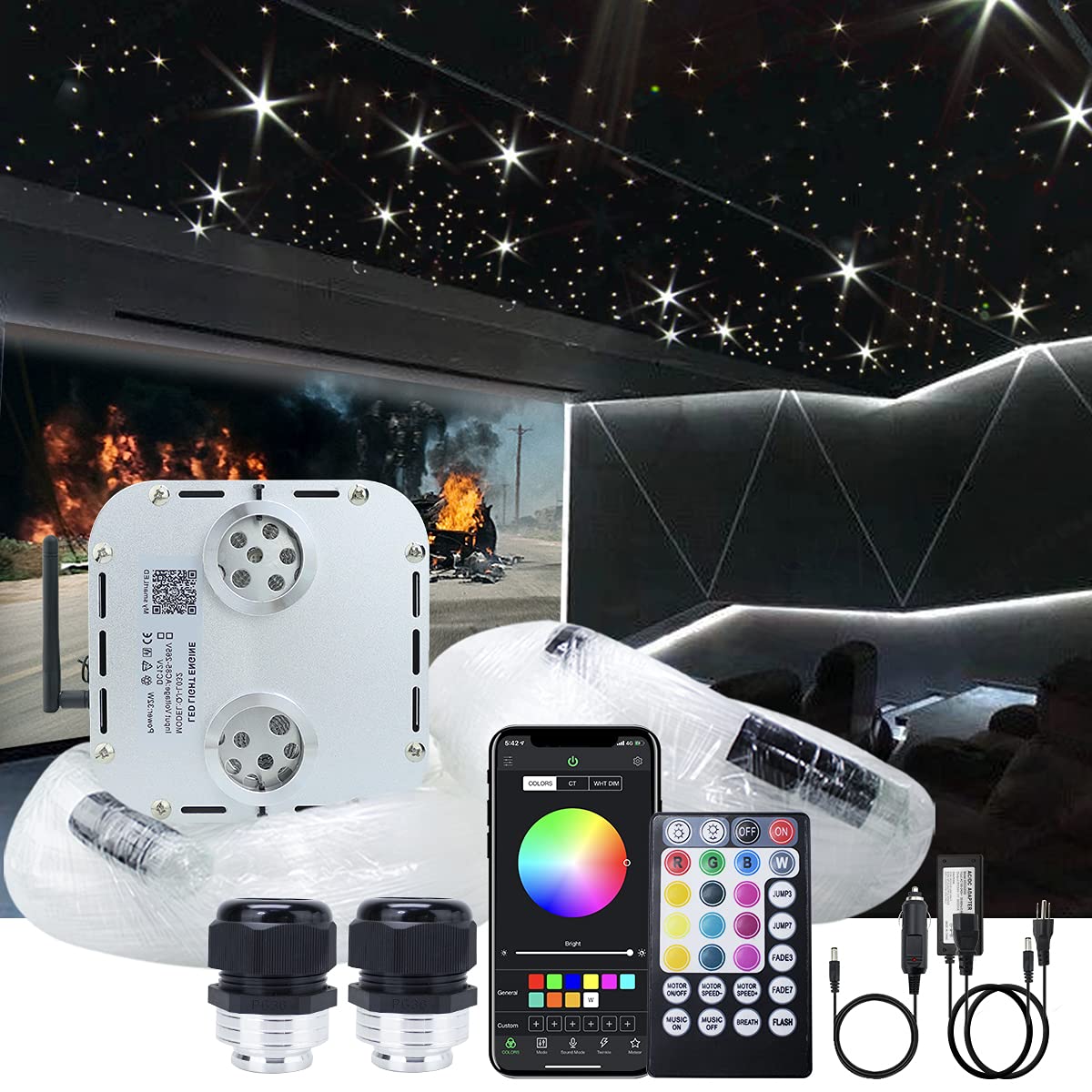 AKEPO 32W APP Twinkle Dual Head Fiber Optic Lights Kit Music Activated RGBW Star Ceiling Sky Light, 2000pcs 16.4ft/5m 0.03in/0.7