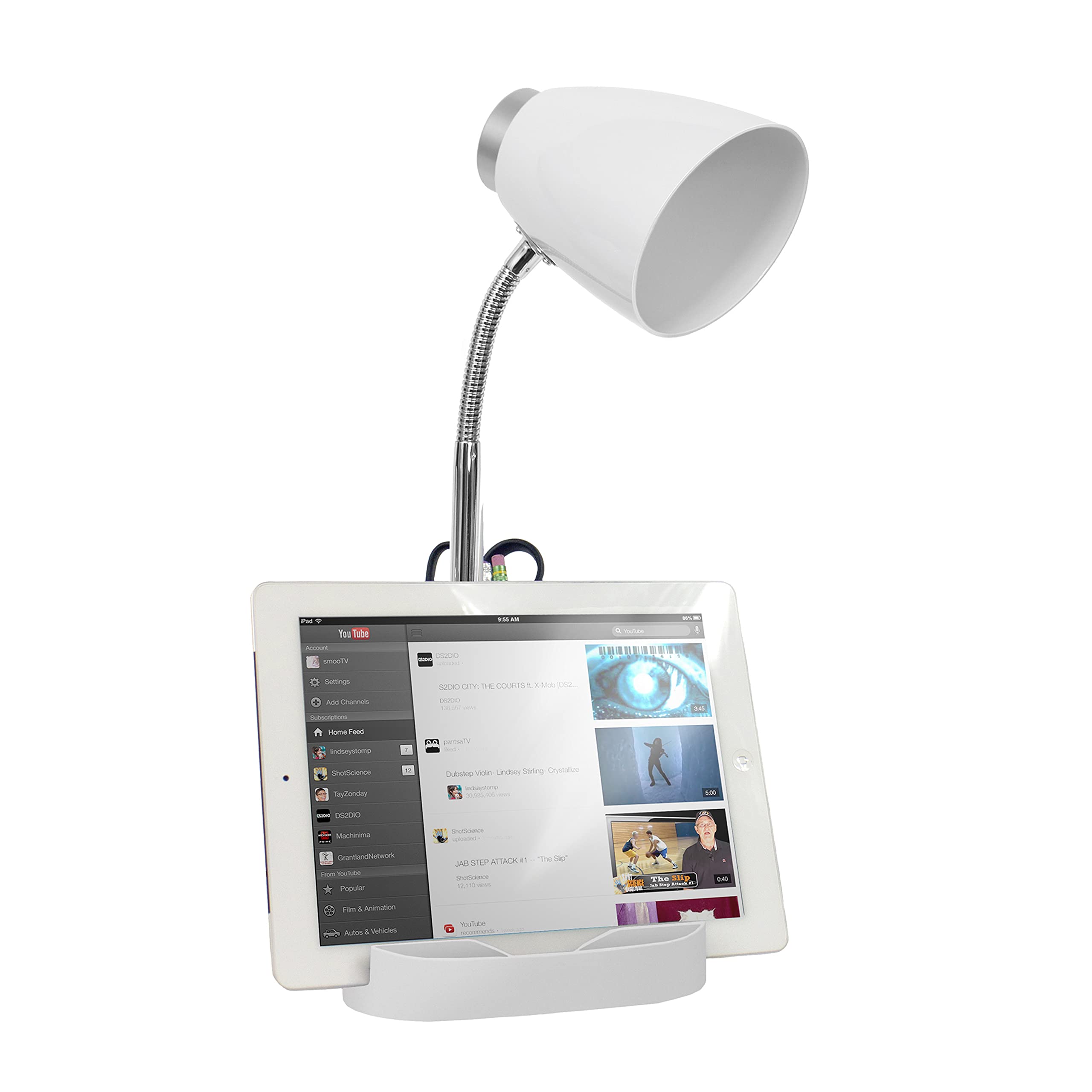 Simple Designs Gooseneck Desk Lamp With Ipad Holder, White, Abs Plastic, Model Ld1002-Wht, Pack Of 1