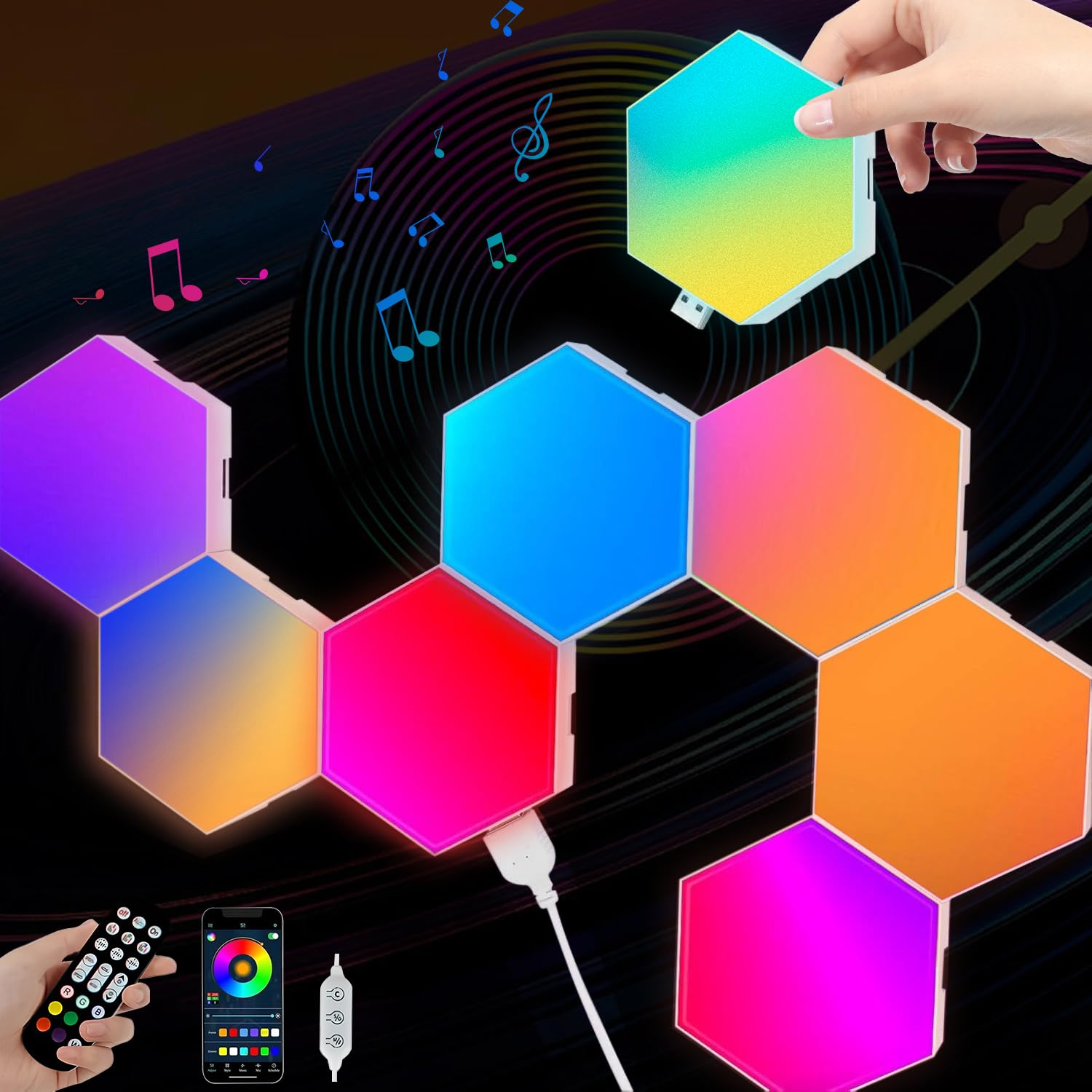 Vcwtty Hexagon Lights Wall Panels  Smart LED Wall Lights with APP  DIY Modular Assembled Music Sync RGB Gaming  Hex Light with USB-Power for Autism  Game Room Decor  Party (6-Pack)