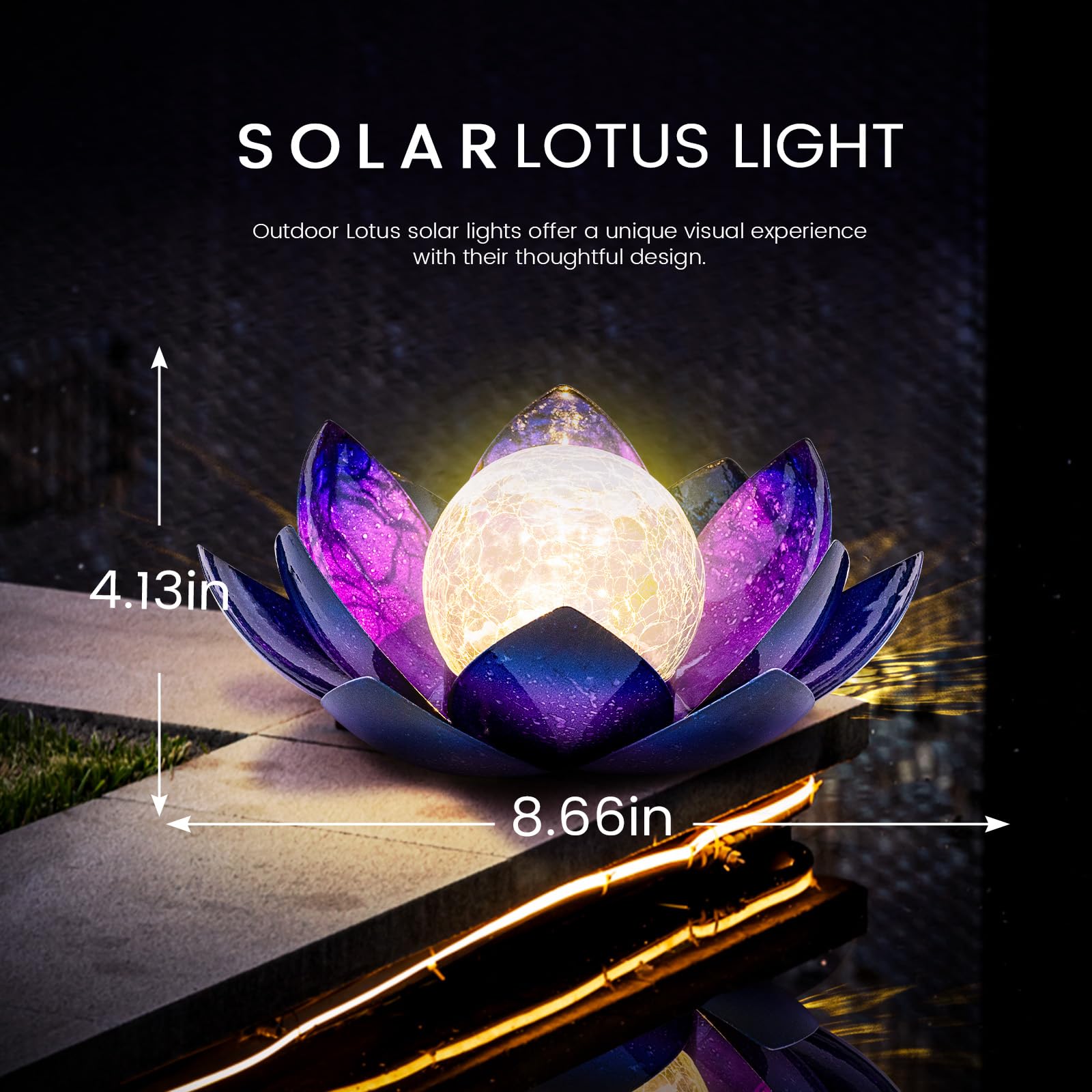 Huaxu Solar Lights For Outdoor Decor, Purple Lotus Flower Light, Waterproof Led Crackle Globe Glass Lamp For Garden, Patio, Yard