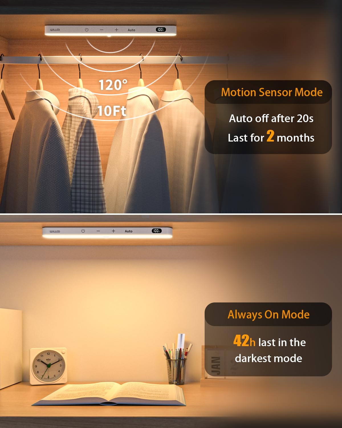 WILLED Motion Sensor Closet Lights, 60 LED Touch Light Bar, Rechargeable, Warm White 3000K, 2 Pack, Model WJP-006