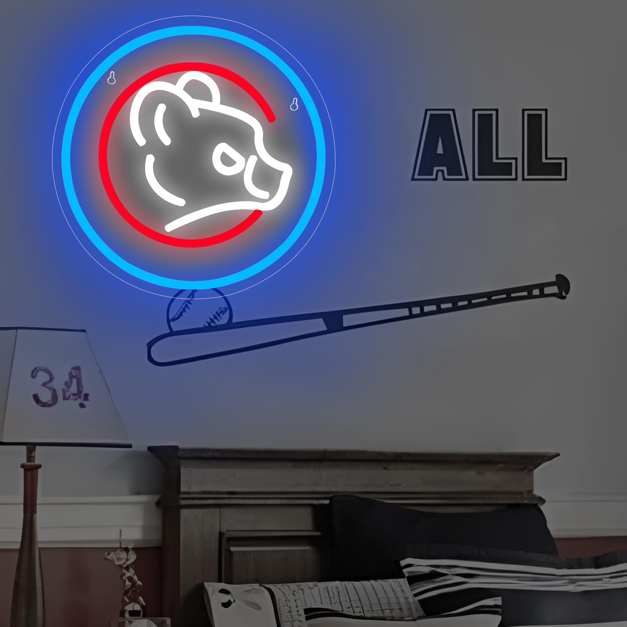FTMGGDG Baseball Neon Sign LED Wall Decor 13.4x13.4in Acrylic C-Blue&Red&White for Bedroom Man Cave Gifts