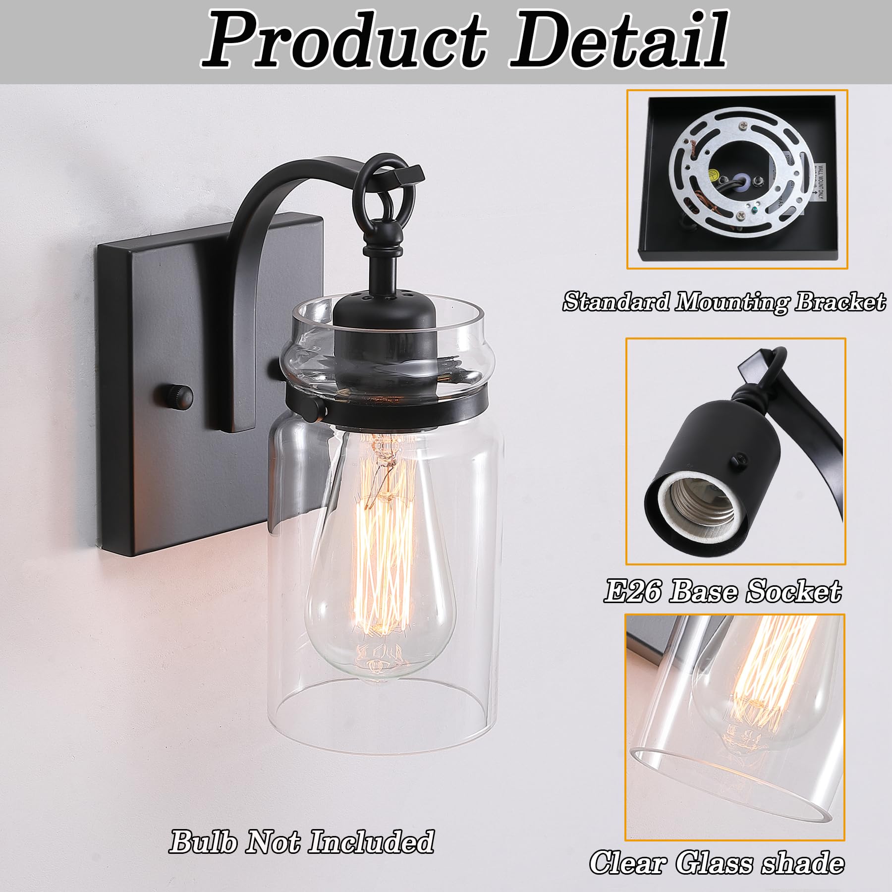 Winsmart Black Wall Sconces Set Of Two, Black Sconces Wall Lighting Fixtures With Clear Glass Indoor 1-Light Bathroom Wall Sconc