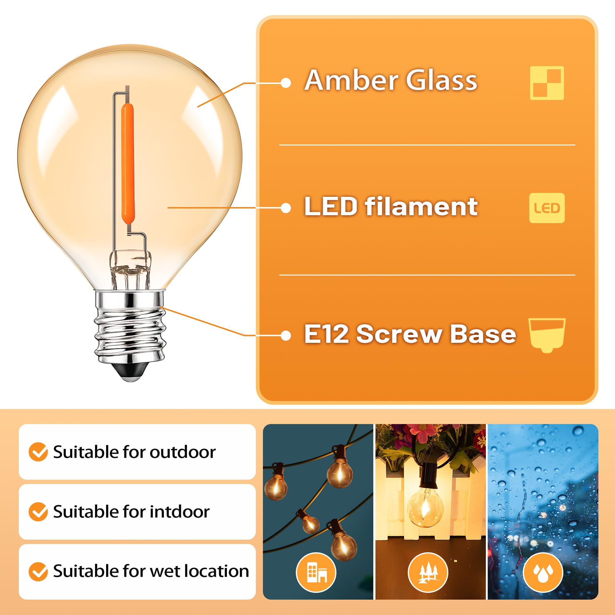 25Pack G40 Amber Glass Led Replacement Bulbs, 1W Equivalent 10W E12 Screw Base Shatterproof Globe Light Bulb For Indoor & Outdoo